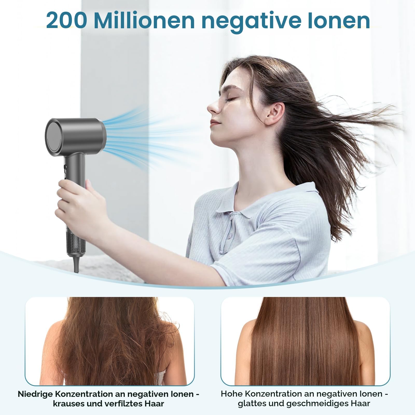Haartrockner mit Diffusor, Ionen Föhn 110.000 U/min, 4 Temp. & 2 Gebläse