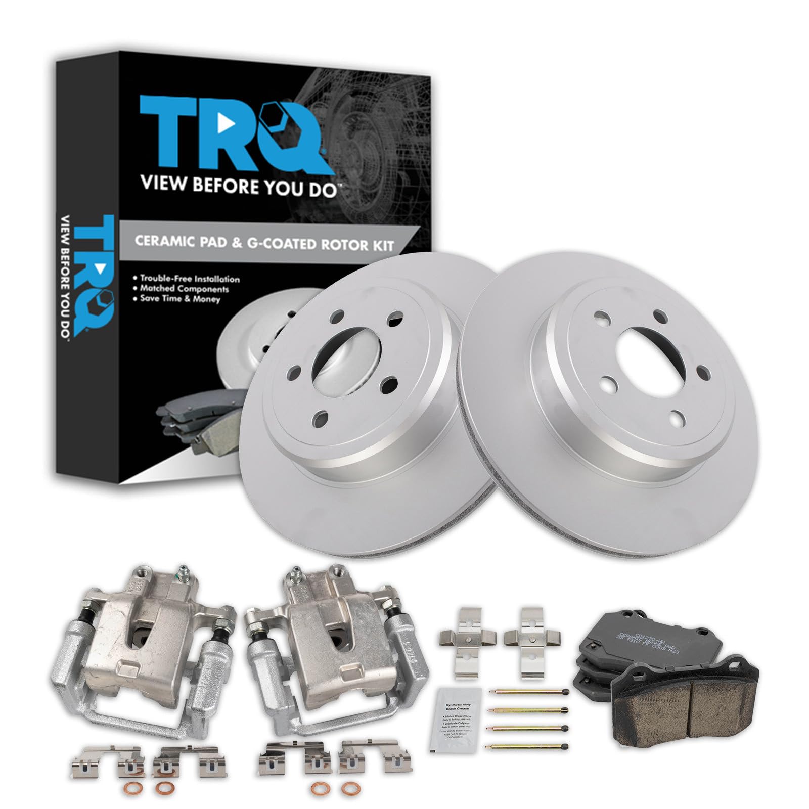 TRQ Rear Brake Pad and Rotor Set Ceramic G Coated Vented Rotors Calipers