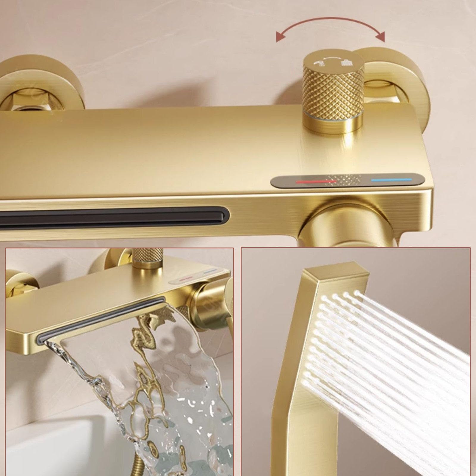 Rubinetto Vasca da Bagno con Doccetta, Miscelatore Doccia Cascata Miscelatore Vasca da Bagno Caldo o Freddo Rubinetto Doccia Ottone Oro Spazzolato