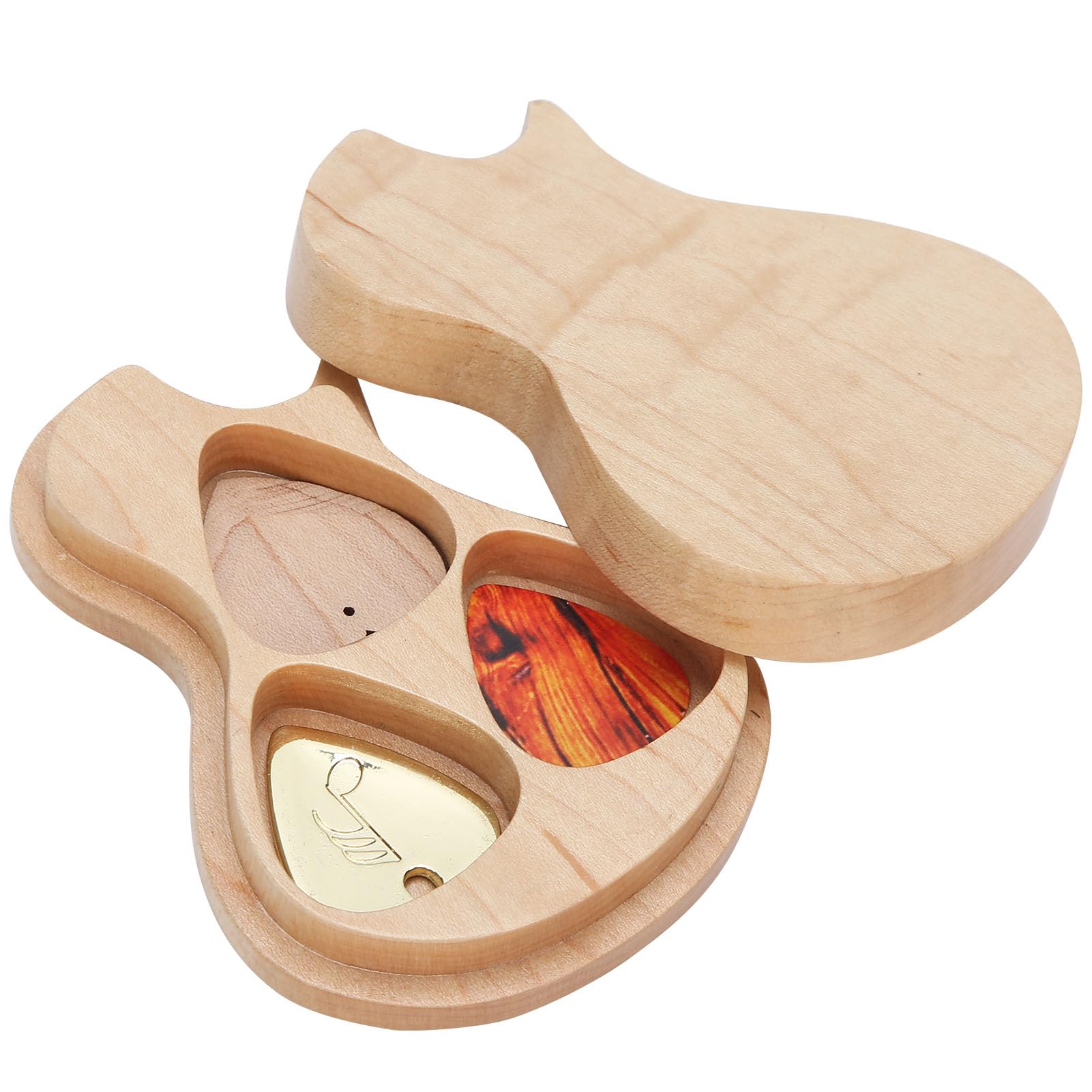 Wooden Guitar Pick Box, Guitar Pick Holder with 3PCS Picks Wooden Plectrum Case Storage Container for Friends Music Instrument