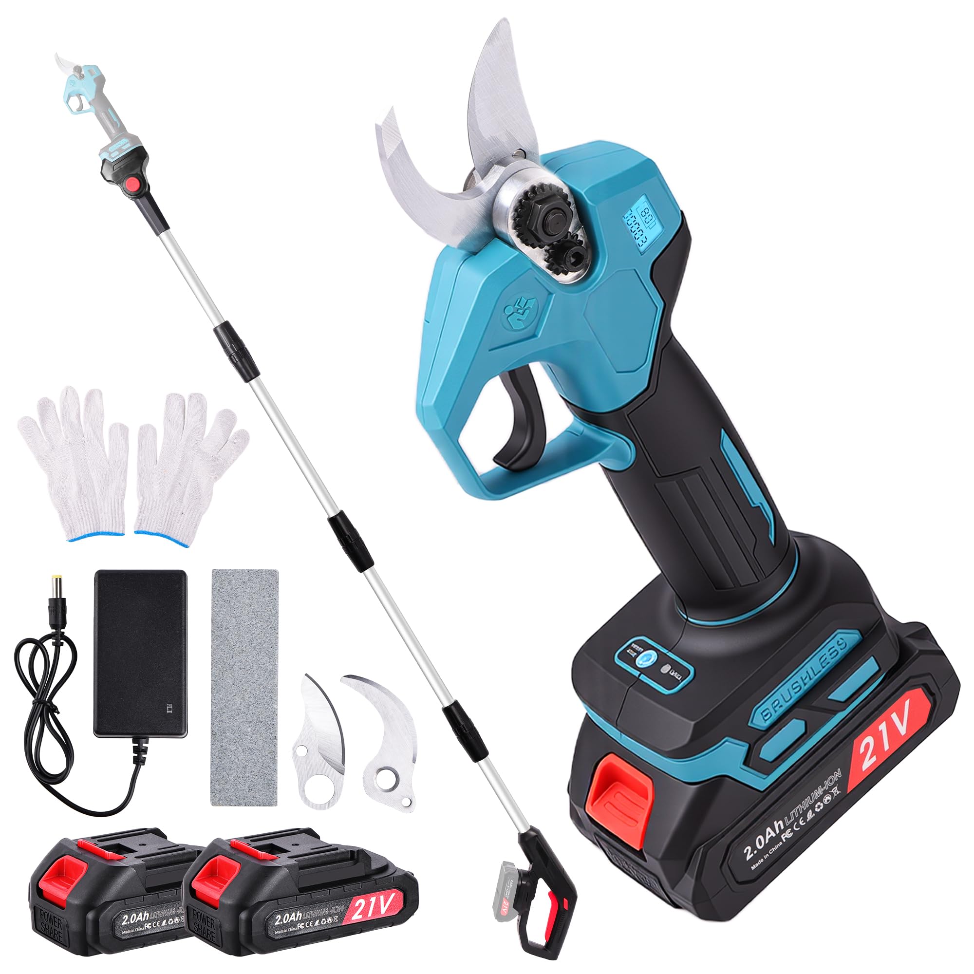 Tijeras de Podar Eléctricas con Pértiga Telescópica 2.4 m, Corte Ajustable 25/35 mm, Pantalla de Batería, 2× 2.0Ah Baterías,Tijera de Podar Eléctrica para Jardín y Árboles Altos