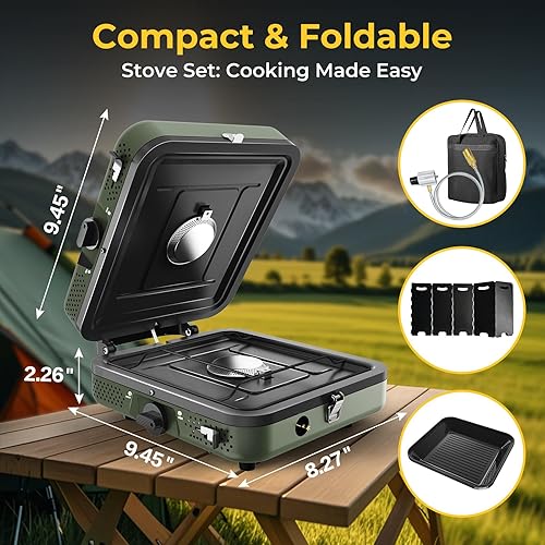 Miniatura 3 de Estufa de campamento, estufa de propano de 2 quemadores con parrilla, estufa de campamento de 17,000 BTU, estufa de campamento plegable de propano
