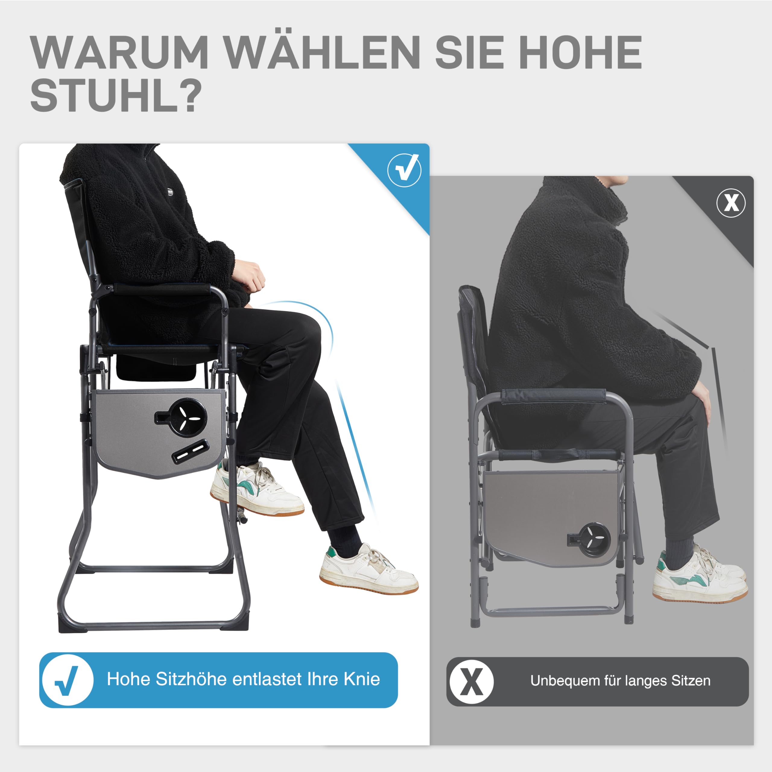EVER ADVANCED 78CM Sitzhöhe Regiestuhl Hoch Klappbar, Make Up Stuhl Faltbar 160KG Belastbar mit Beistelltisch&Seitentasche, Schminkstuhl für Make-up Artist, Sportveranstaltung, Bar-Stuhl，Schwarz-Grau