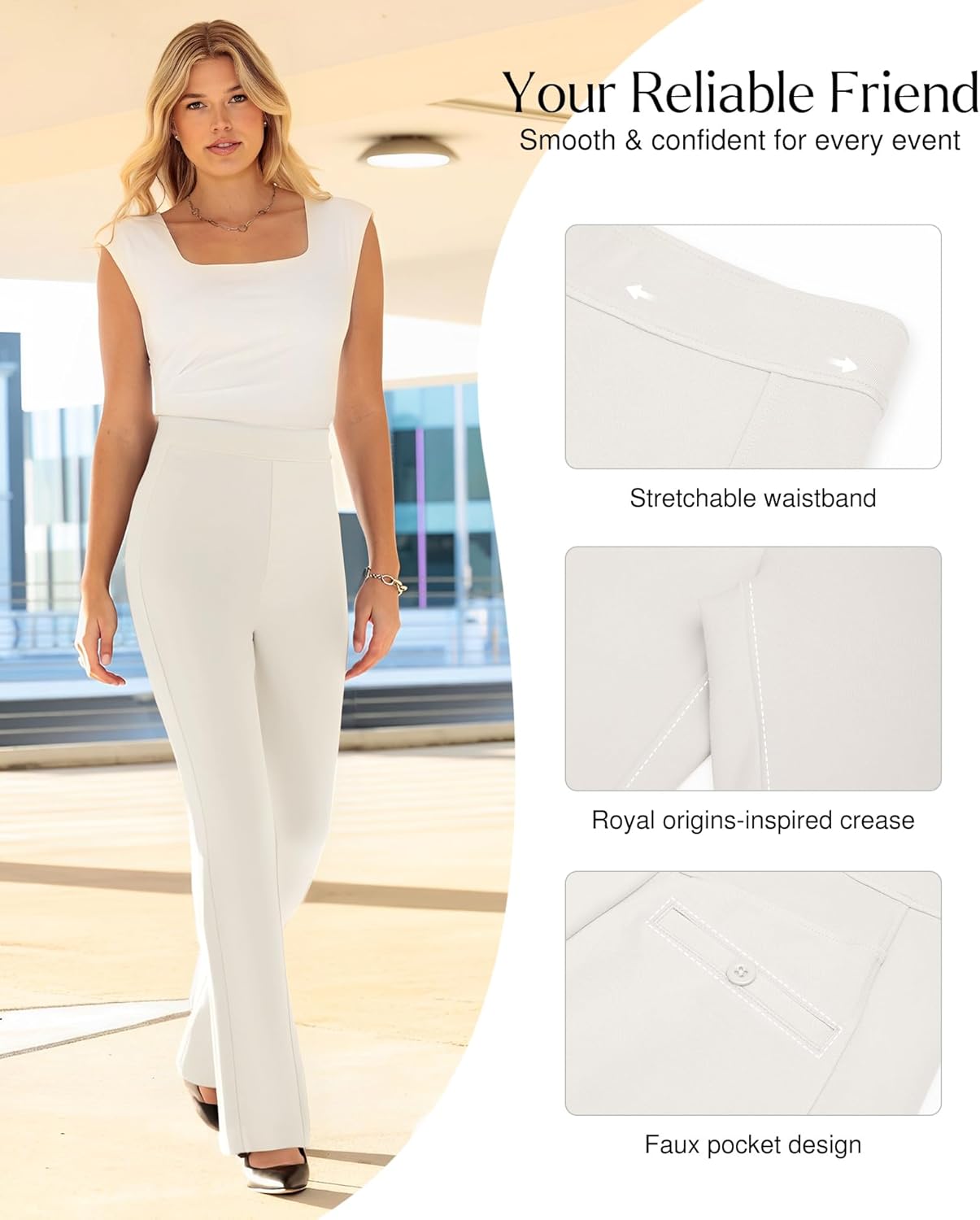 Popilush Womens Dress Pants High Waisted Stretchy Business Casual Work Trousers White - Image 4