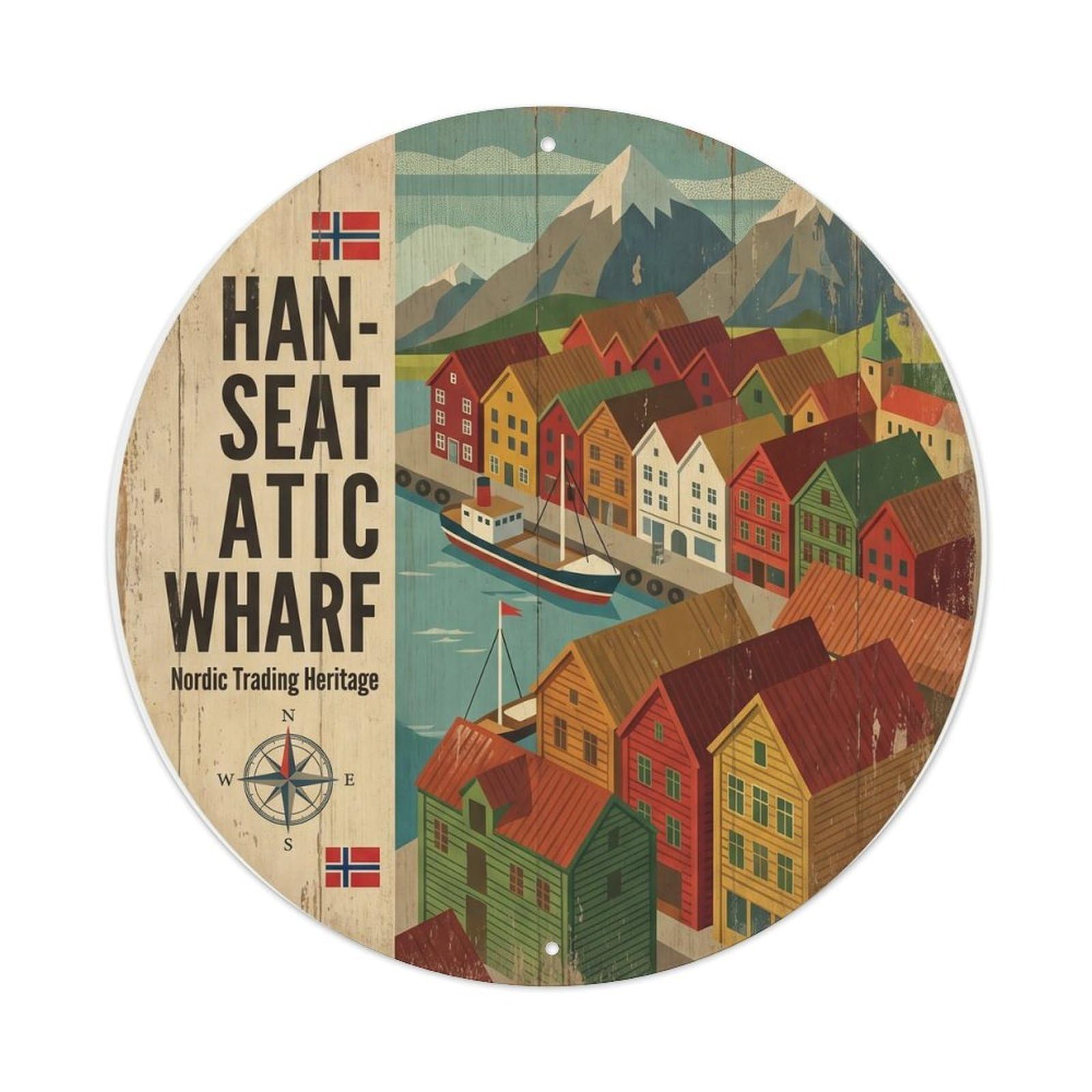 Bergen Hanseatic Wharf Norway Retro City Map Harbor Heritage Metal Tin Sign Plaque Wall Decor for Cafe, Man Cave, Club Bar, Office, Home Garden Round Metal Poster 8x8Inch