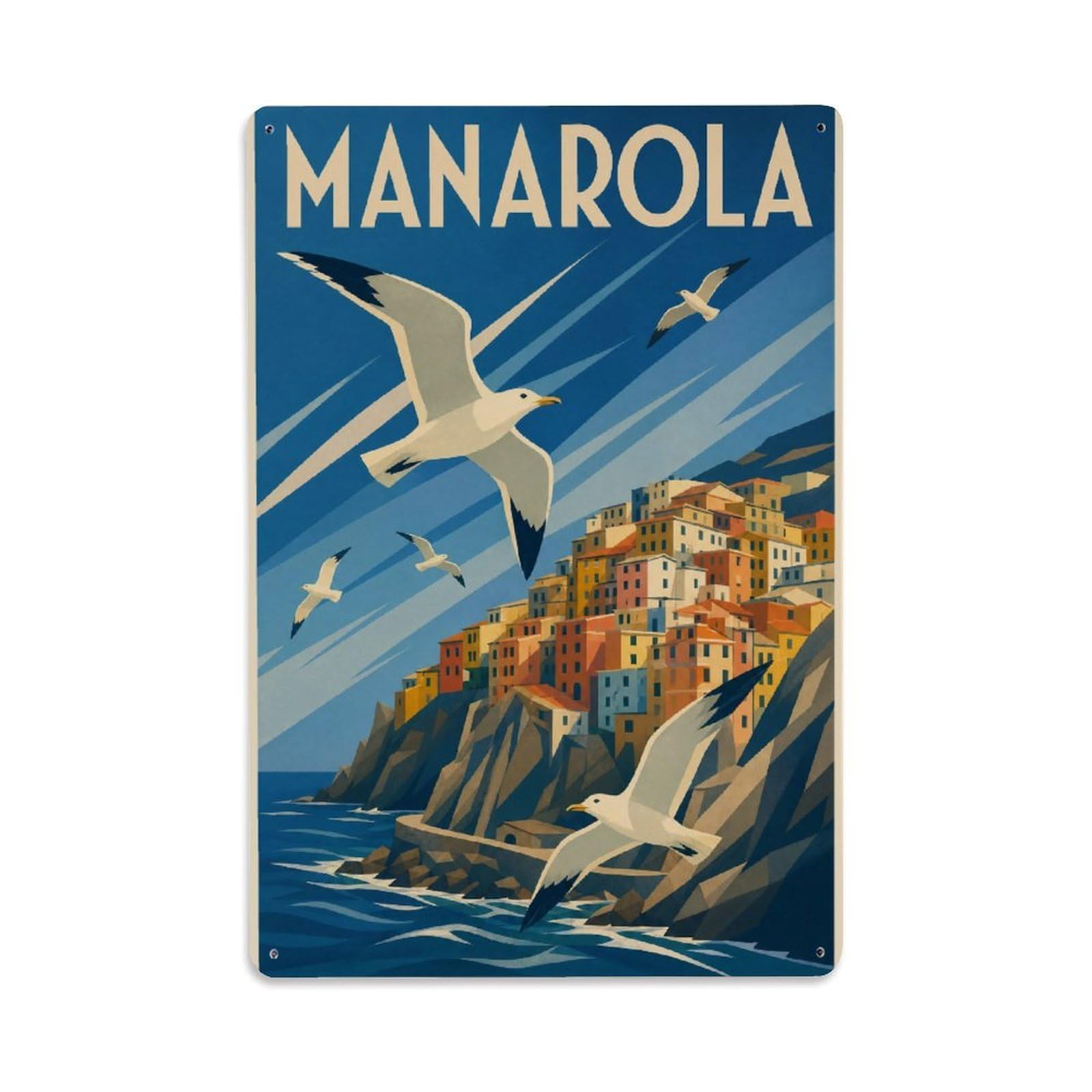 Huiyhb 8X12inch(20X30cm) Vintage Travel Manarola Seagulls Flying Coastal Birds Italy Metal Tin Sign