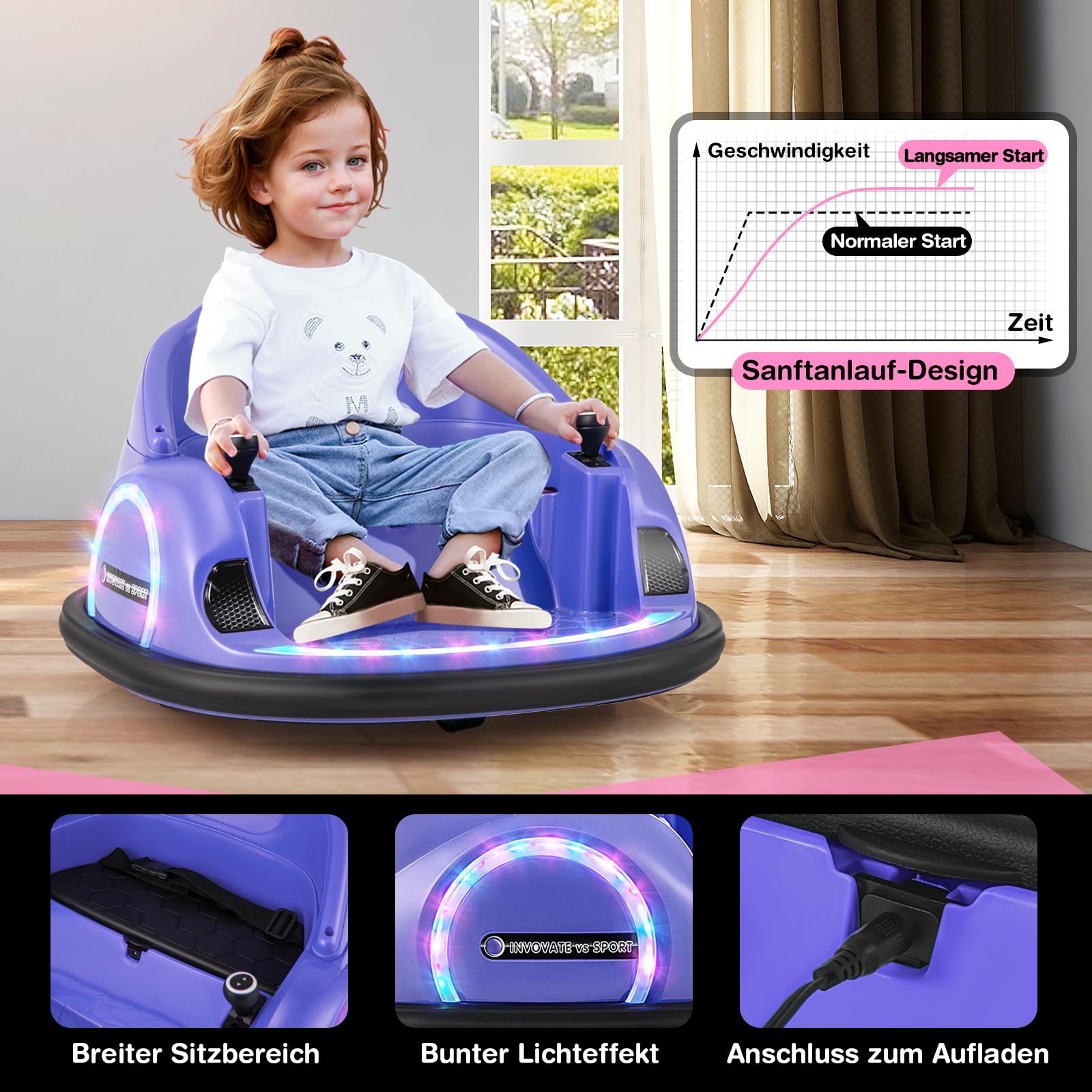 COSTWAY 12V Autoscooter Kinder mit Fernbedienung, Elektro Bumper Car mit 360° Drehnug, Musik & Licht, Kinder Elektroauto für Kleinkinder ab 18 Monaten (Lila)