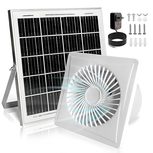 Solar Exhaust Fan, 25W Solar Panel + 8" Ventilation Vent Fan, with Power Adapter, Anti-backflow Valve, High Speed Solar Powered Exhaust Fan for Shed, Chicken Coop, Greenhouse, Dog House (White)
