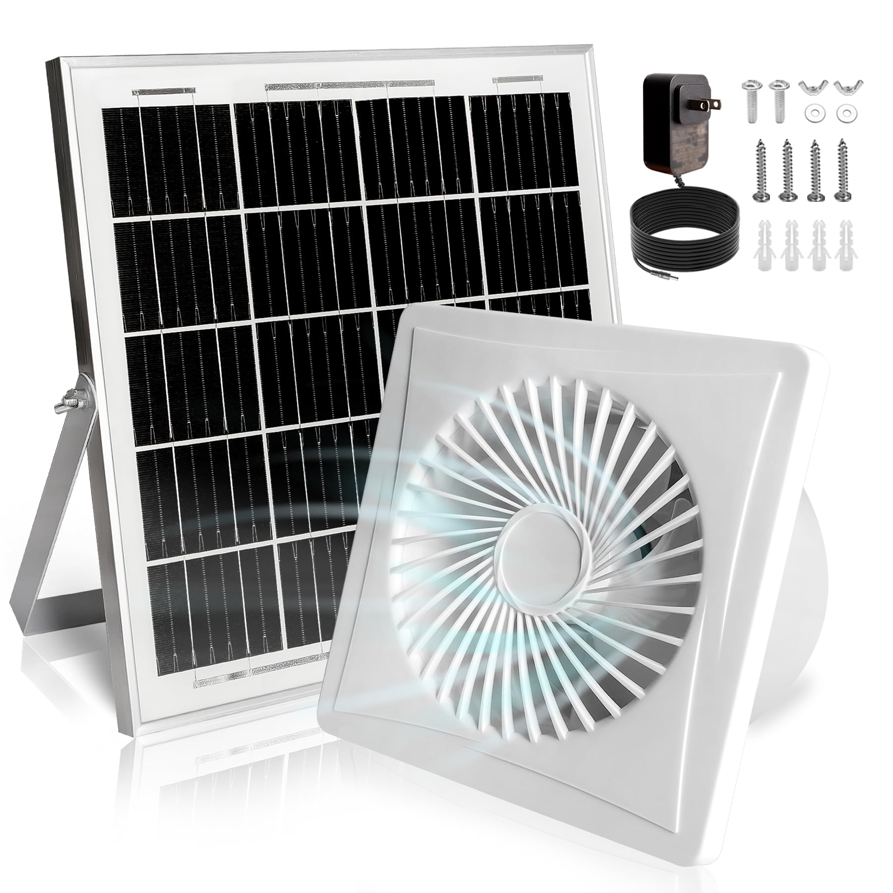 Solar Exhaust Fan, 25W Solar Panel + 8" Ventilation Vent Fan, with Power Adapter, Anti-backflow Valve, High Speed Solar Powered Exhaust Fan for Shed, Chicken Coop, Greenhouse, Dog House (White)