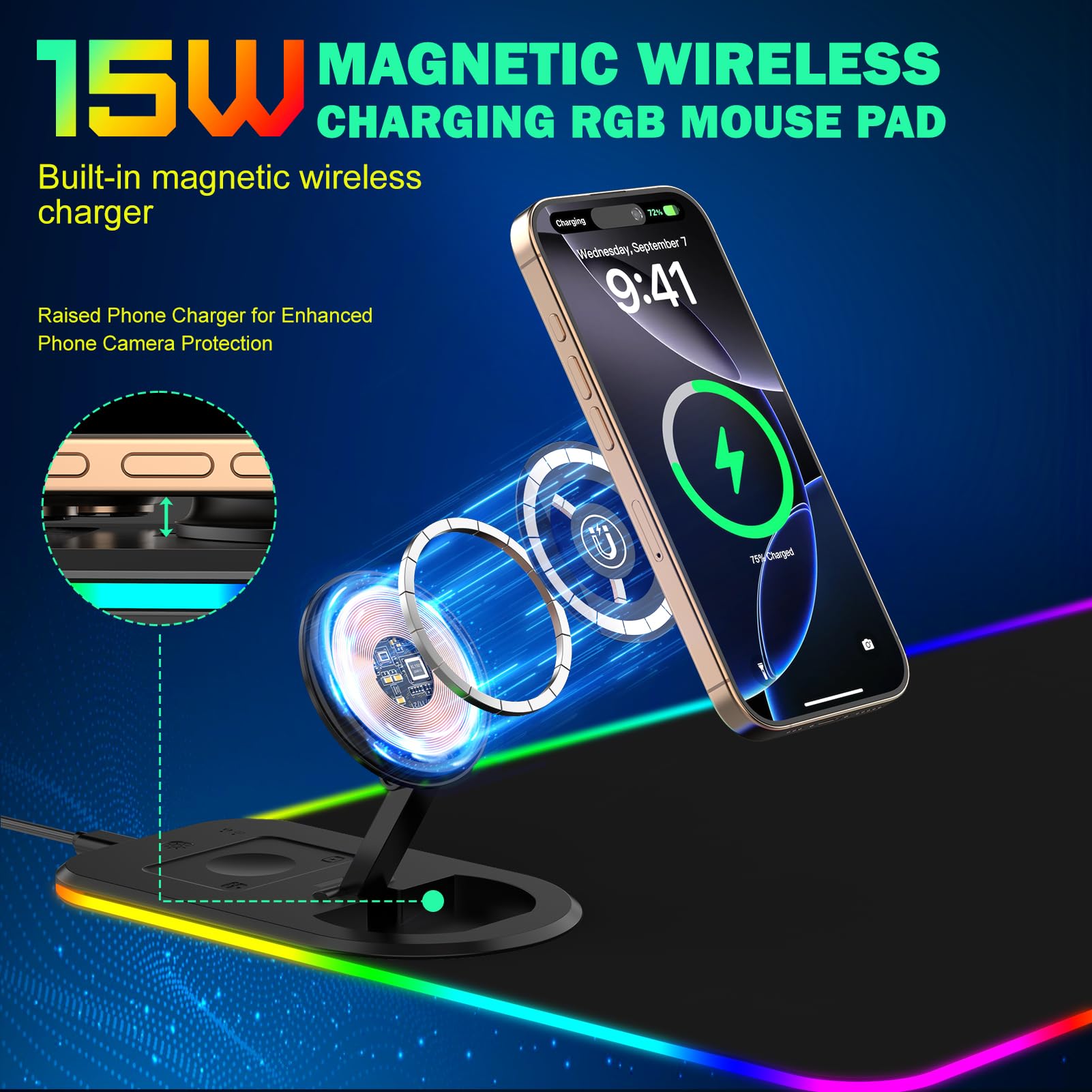 RGB Gaming Mauspad 15W Qi Mousepad LED 800x350x4mm 10 Beleuchtungsmodi mit 10W Schnellladung Qi Kabelloses Laden für I-Phone 13/13 Pro Handy, Kopfhörer, Wasserdicht, rutschfest (Schwarz-Ständer)