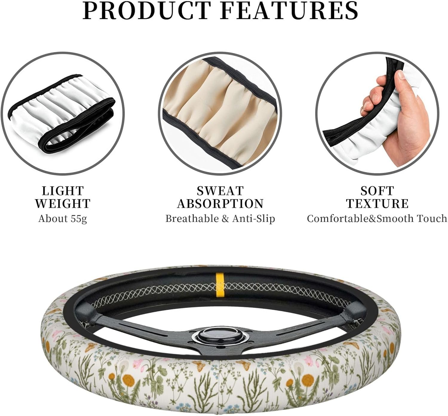 Vintage Flower Floral Herb Steering Wheel Cover for Women Men Girls Car Accessories Decor Anti-Slip Neoprene Auto Steering Wheel Covers Protector Universal 15 Inch