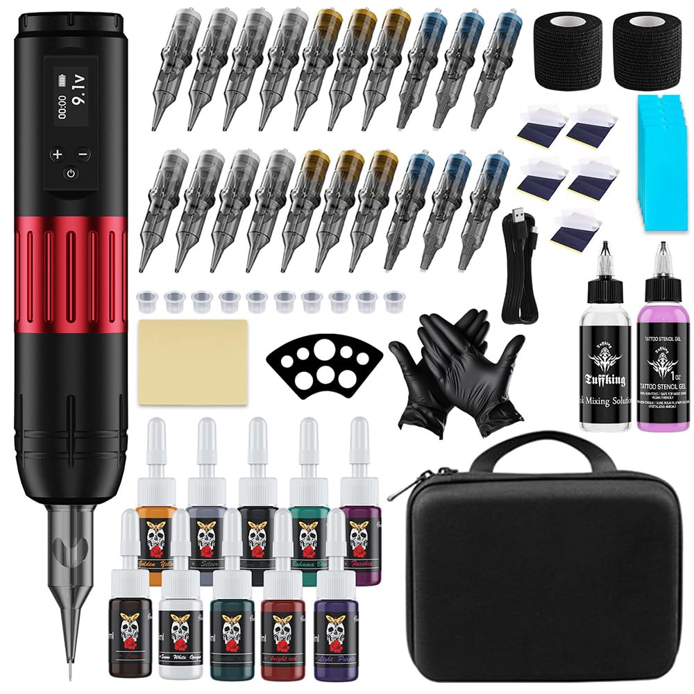 Kit macchinetta per tatuaggi wireless - Penna rotativa per tatuaggi con display LED, alimentatore 1600mAh, tensione regolabile 4-12V, 10 inchiostri,F