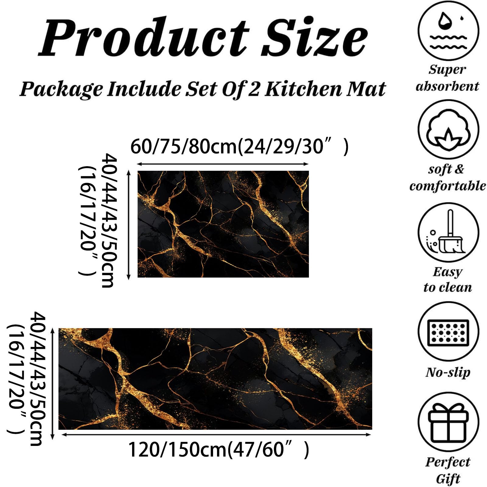 Set Di 2 Tappeto Cucina - Impermeabile - Antiscivolo - Antimacchia - Lavabili - Tappetini Da Strisce Astratte - Per Corridoio Cucina - Marmo Elegante - Oro Nero - 40X60+40X120Cm