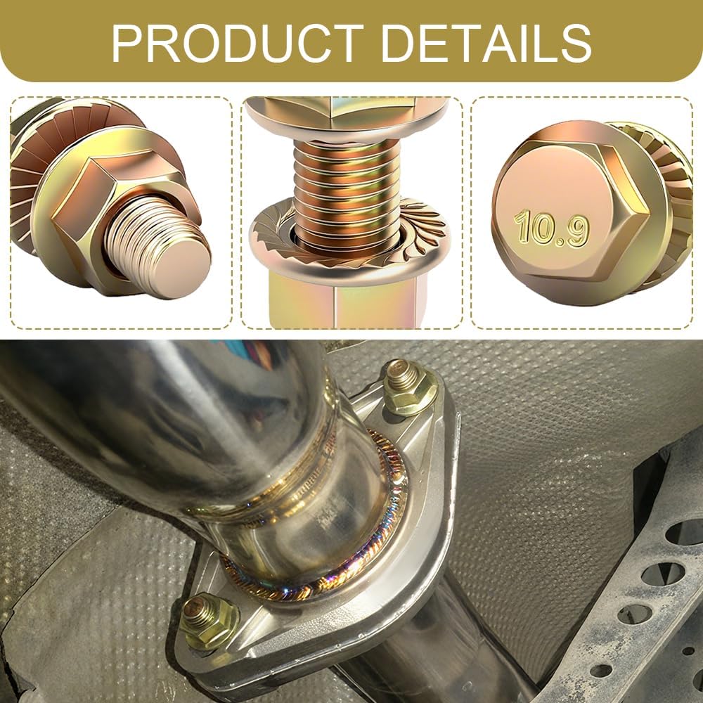 10PCS Exhaust Manifold Bolts Kit, M8 x 40mm High Strength Carbon Steel Flange Face Screw Nuts, Non-Slip Hexagon Socket Bolts, Universal Retrofit Replacement Parts for Most Car, Truck, SUV