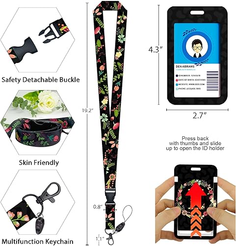 Miniatura 5 de Soporte personalizado para tarjetas de identificación con cordón, carrete retráctil de flores con clip de mosquetón, cordón de separación para