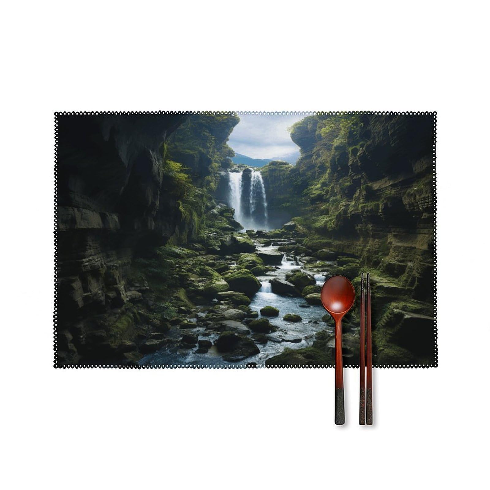 Waterfall Cliff Placemats Set of 6 Non-Slip Stain Resistant Indoor Outdoor Table Mat Washable Cloth Place Mat Fashion Kitchen Placemat for Dining Table Decoration 17.7x11.8 in