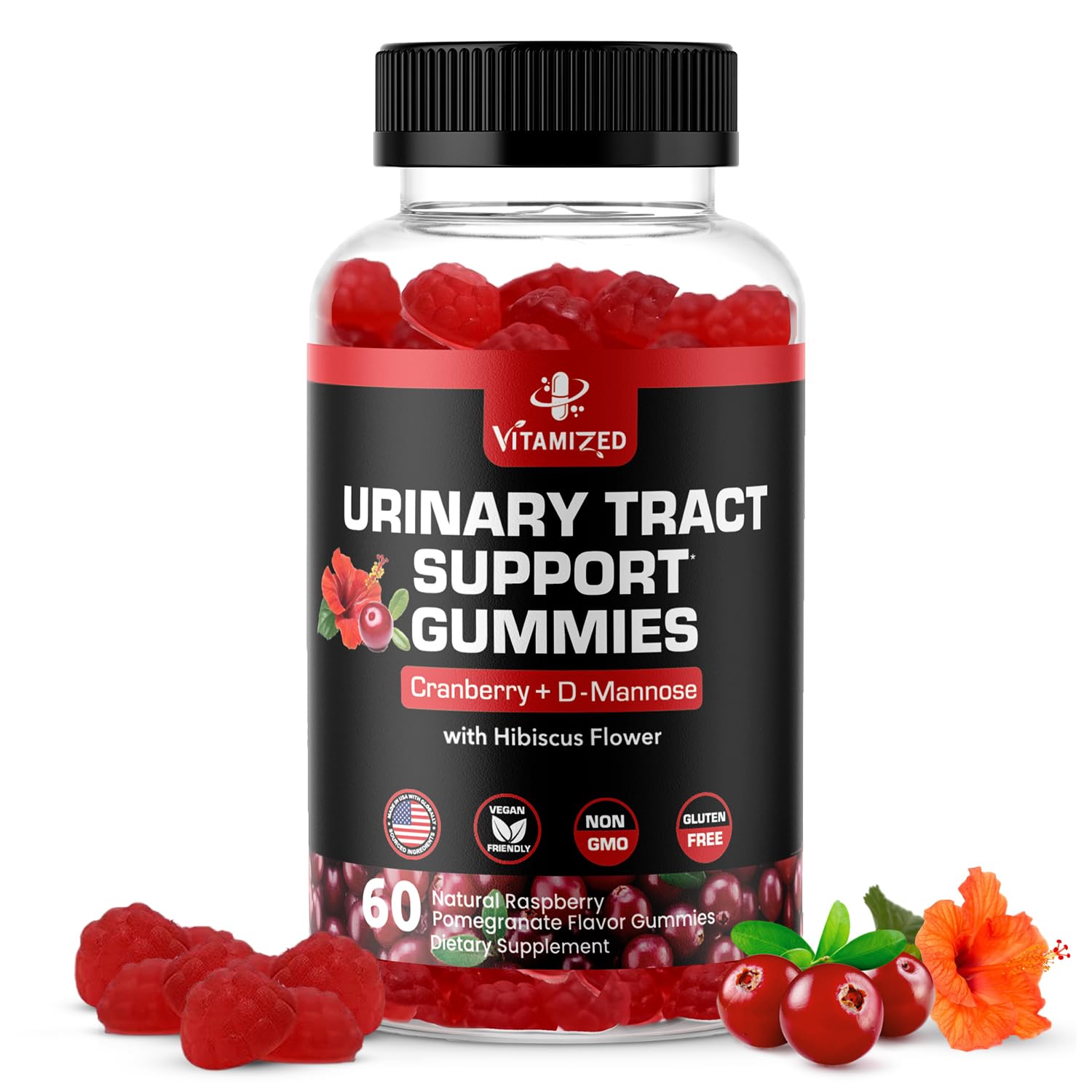 Potent Cranberry Gummies 1500mg with D Mannose - Urinary Tract Health for Women & Men, Urinary Flush & Bladder Fast-Acting Support Supplements with Hibiscus Powder, 60 Count