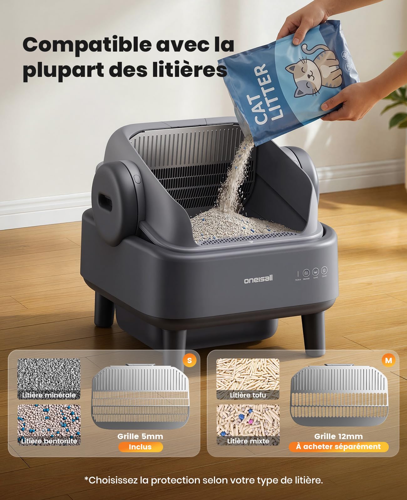 oneisall Litiere Chat Autonettoyante XXL avec EaseClean™, silencieuse litière autonettoyante, Poubelle de 11L adaptée aux Grands Chats, incluant Tapis litiere Chat et 40 Sacs.