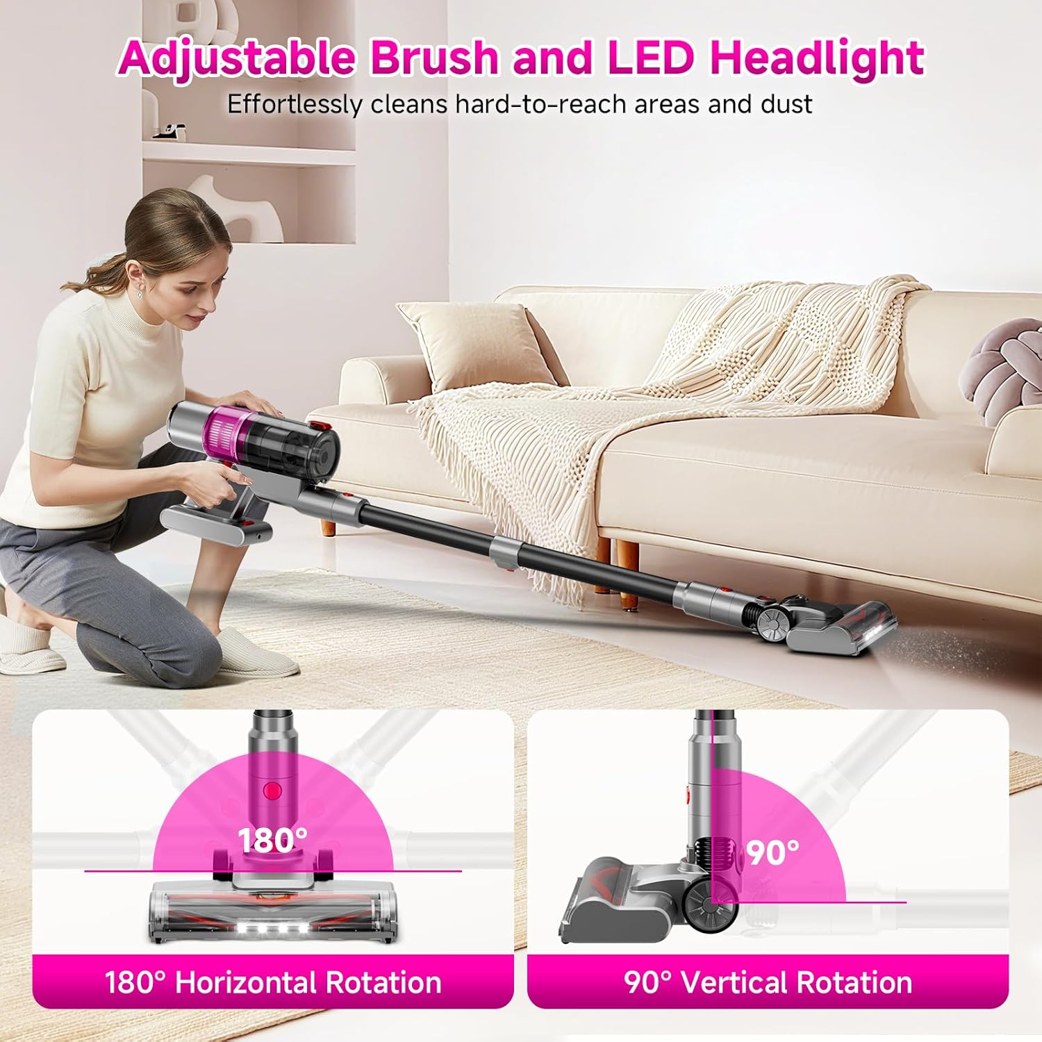 Cordless Vacuum Cleaner: Portable 6-in-1 Stick Vacuum with Anti-Tangle Brush, LED Headlight, Self-Standing, HD Display, Rechargeable Vacuum for Pet Hair, Low-Pile Carpet and Hardwood Floor-Purple