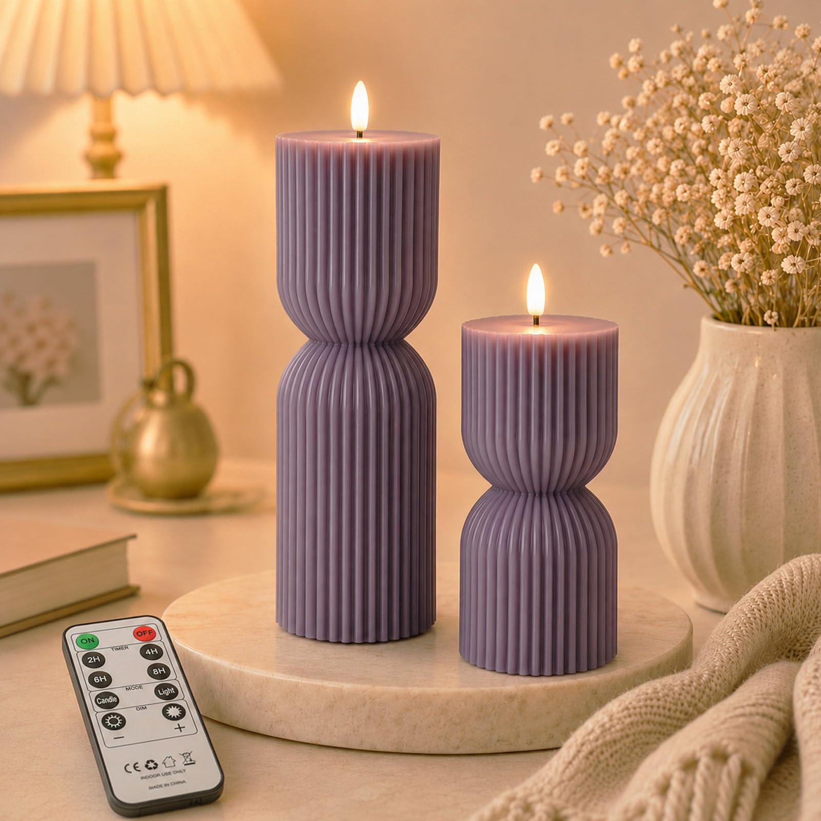 Flameless Candles 2 Pack, Striped Pillar LED Candles with Timer Remote, Real Wax Battery Operated Flickering 3D Flame, 2.95*9.05inch and 2.95*5.3inch, Indoor Decor for Christmas Wedding Home Party