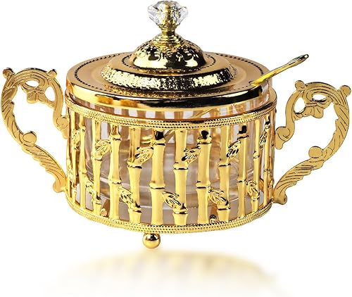 Flylin Azucarero, azucarero turco con tapa y cuchara para galletas de caramelo, miel, tarro de condimentos de vidrio vintage dorado para el hogar y