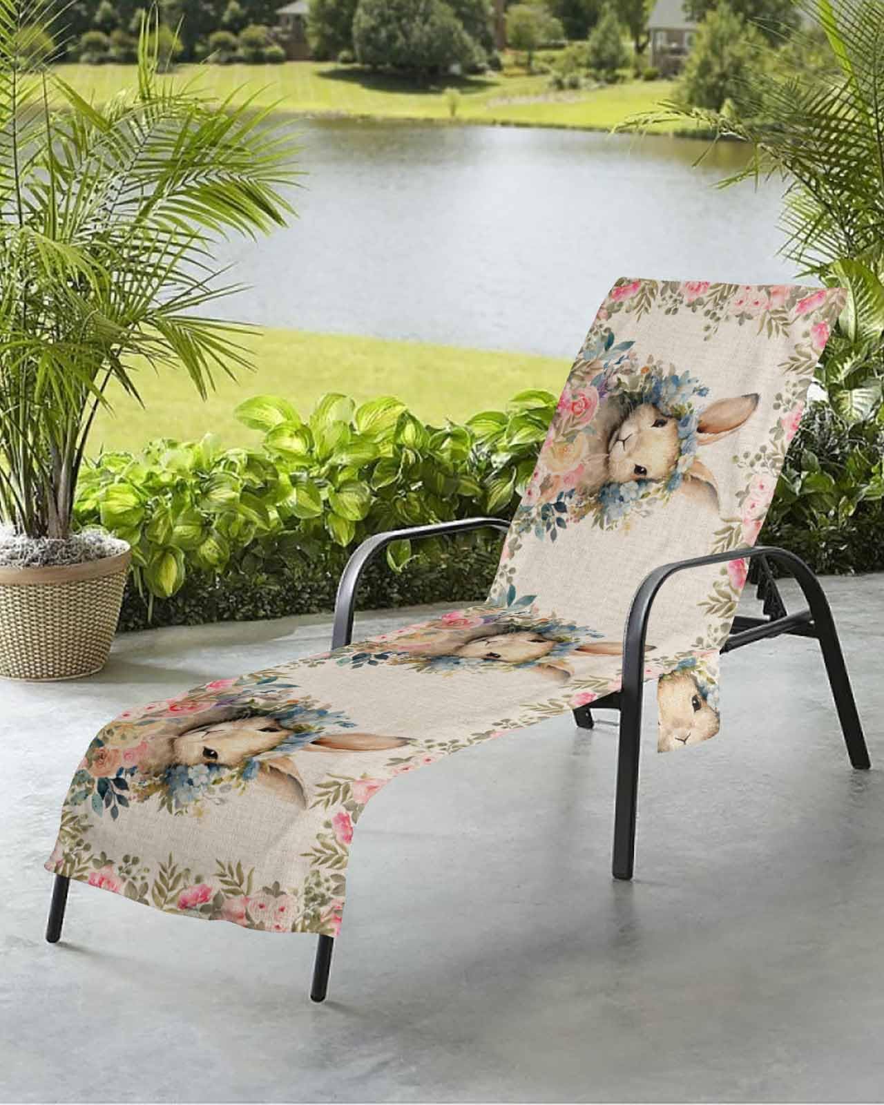 Easter Rabbit Beach Chair Towel Covers for Chaise Lounge with Side Pocket, Soft Plush Pool Towels Cover for Patio Sunbathing Outdoor 29''x85'' Easter Bunny Botanical Rose Blue Flower
