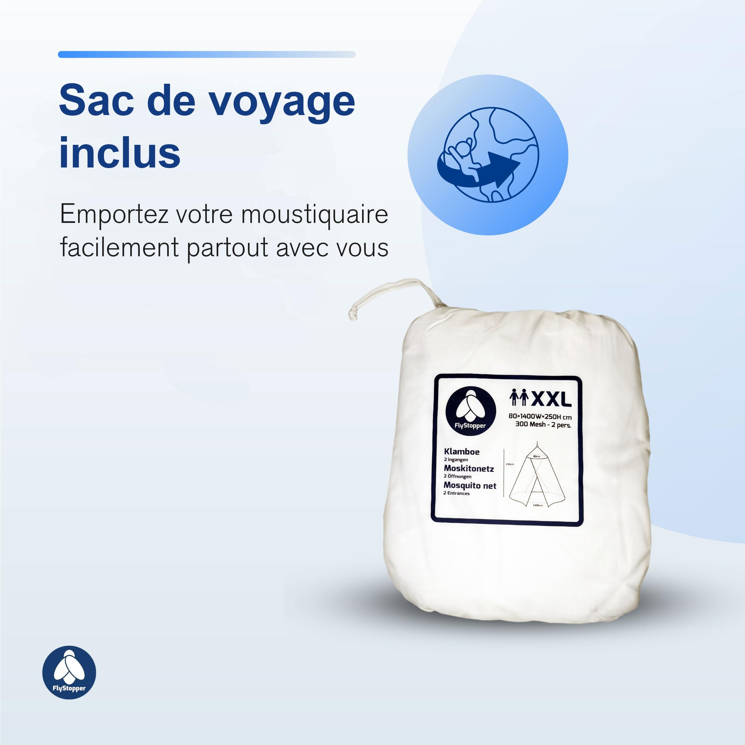 K1402 Moustiquaire pour lit double XXL avec cordon de suspension et sac de voyage - Anneau extra large 80 cm - 250 x 80 x 1400 cm