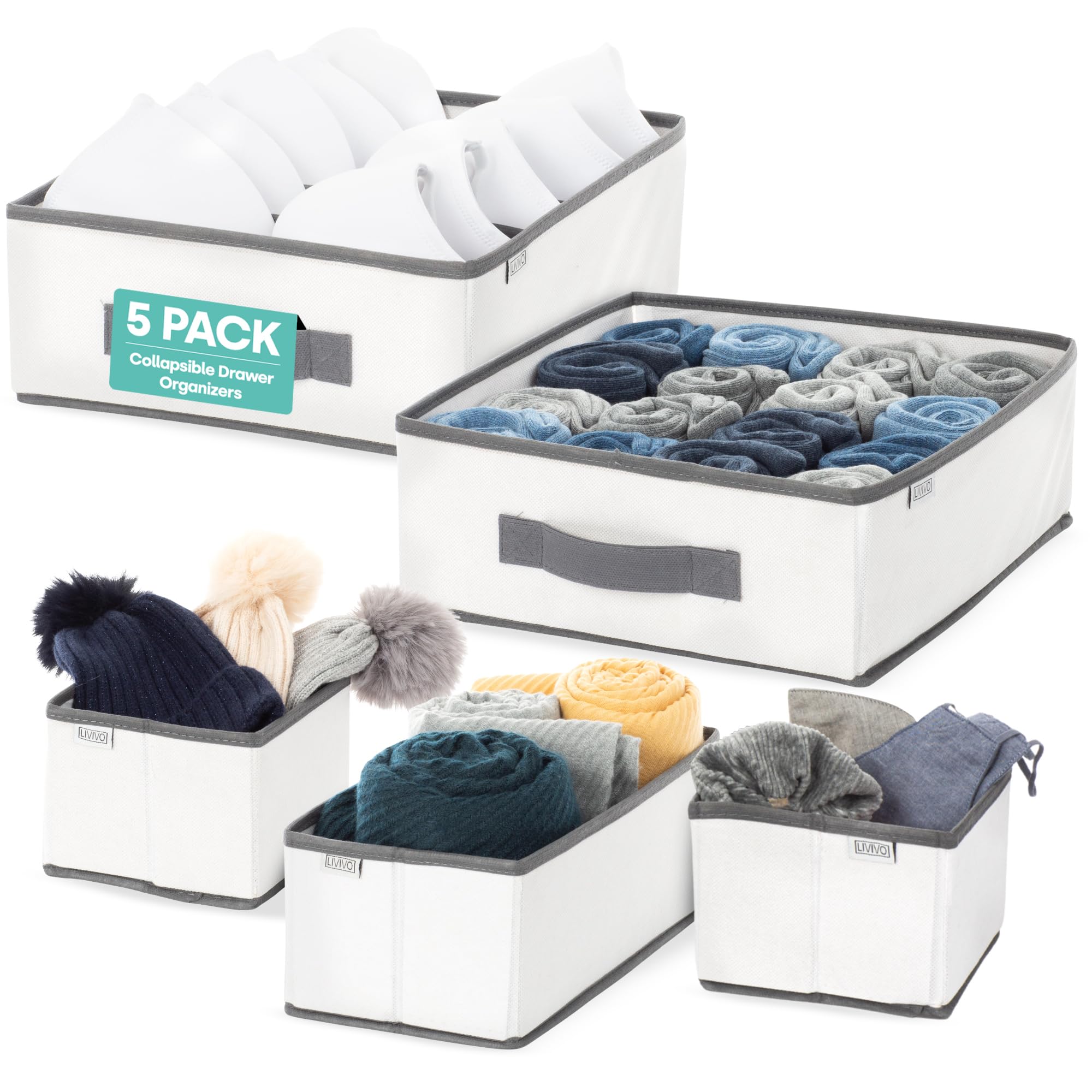 LIVIVO Fabric Drawer Organiser - Set of 5 Drawer Dividers Foldable Box - Wardrobe Storage Organiser for Baby Clothing, Bras, Socks, Underwear Wardrobe Organiser
