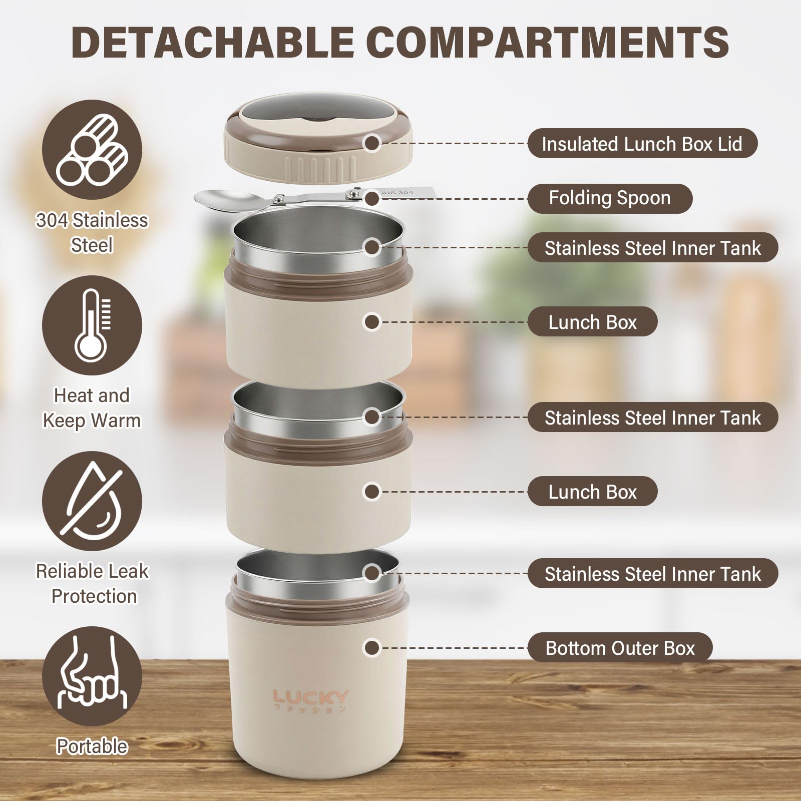 Contenitore Termico per Alimenti, 3 Strati, Lunch Box Termico Portatile con Cucchiaio Pieghevole, Grande Capacità Beige, Ideale per Ufficio, Scuola e Picnic