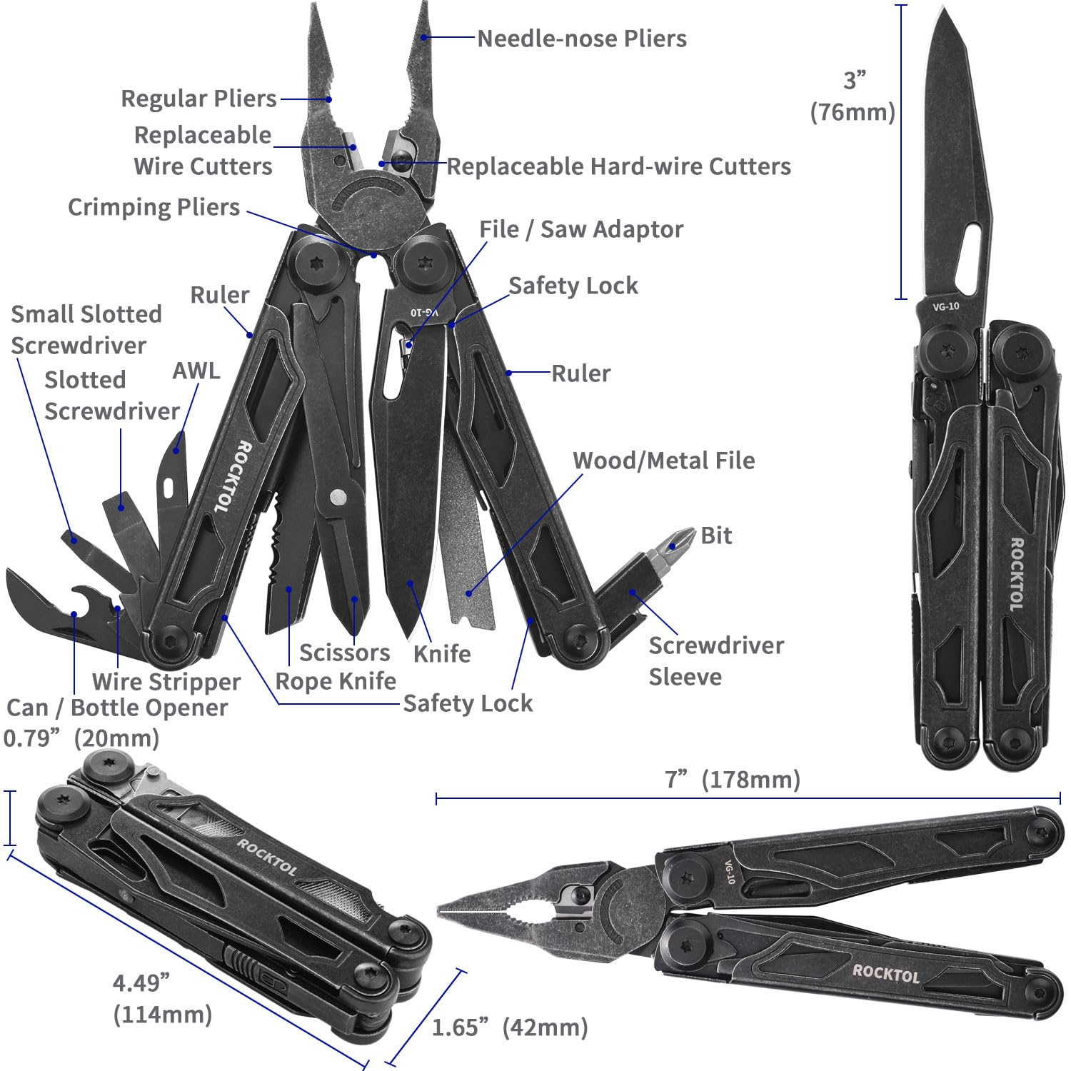 ROCKTOL Multitool, lame VG-10, outil multifonction 29 en 1 avec pinces, couteau à fil et scie remplaçables, ensemble d'outils multifonctions en acier inoxydable robuste et gaine en nylon pour outil de