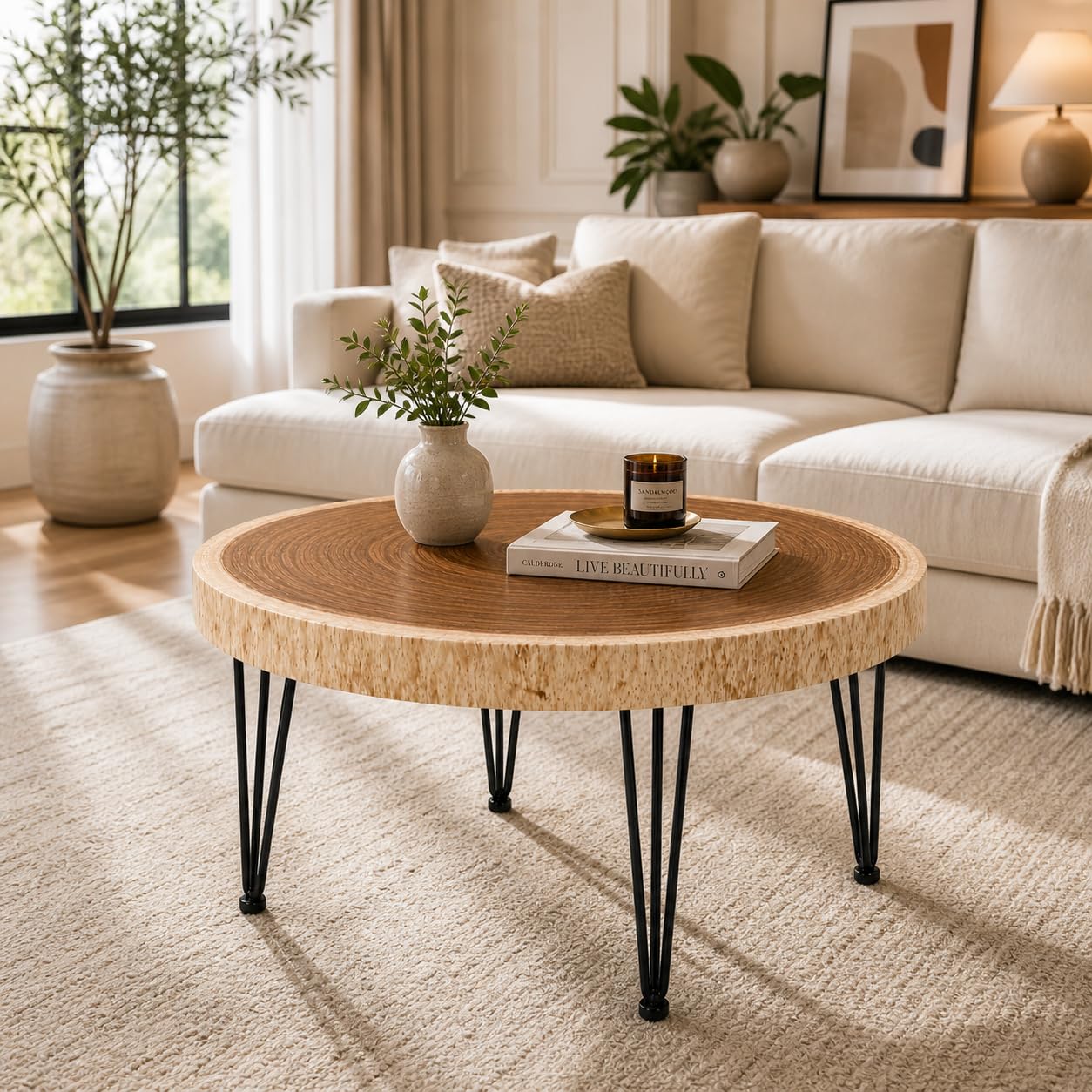 Solid Shesham Wood Coffee Table | Handmade Tree Slice Table with Heavy Duty 4 Metal Legs | Rustic Modern Center Table for Living Room, Bedroom (23''-24'' top x 18'' Heigh)-picture-22