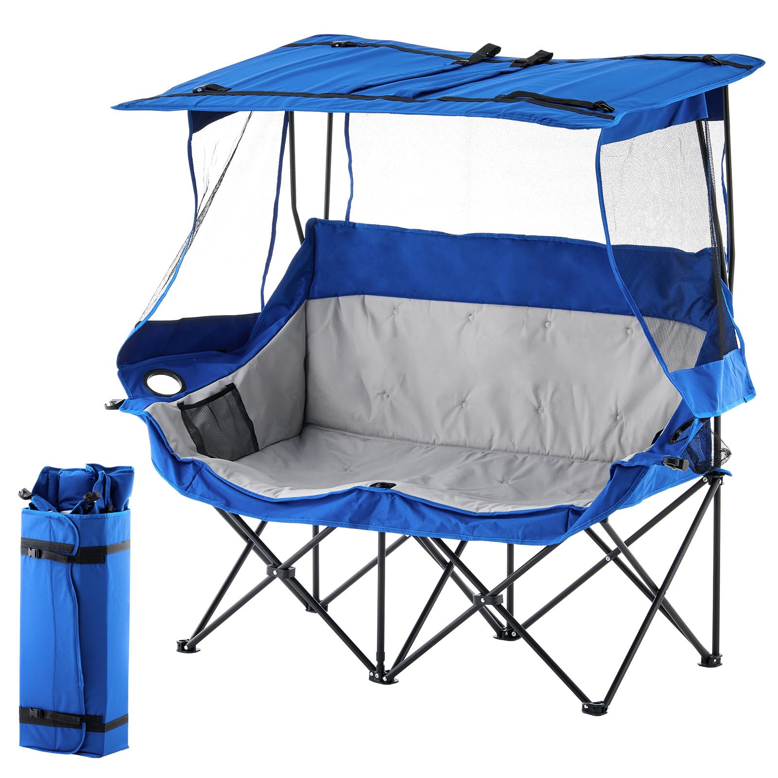 OFCASA Outdoor Folding Chair with Umbrella, Camping Chairs Loveseat, Double Oversized Outdoor Chair with Cup Holder&Canopy Shade, for BBQ Beach