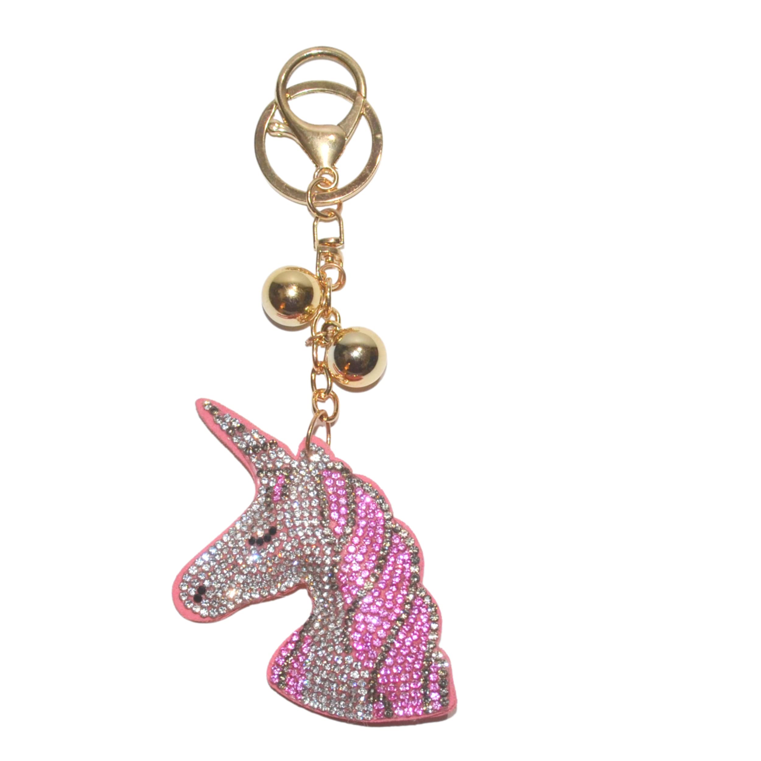 Popfizzy Rhinestone Keychain for Women, Bling Purse Charms for Handbags, Girls Backpack Key Fob, Crystal Bag Charm Keyrings, Pink Unicorn Head, Medium