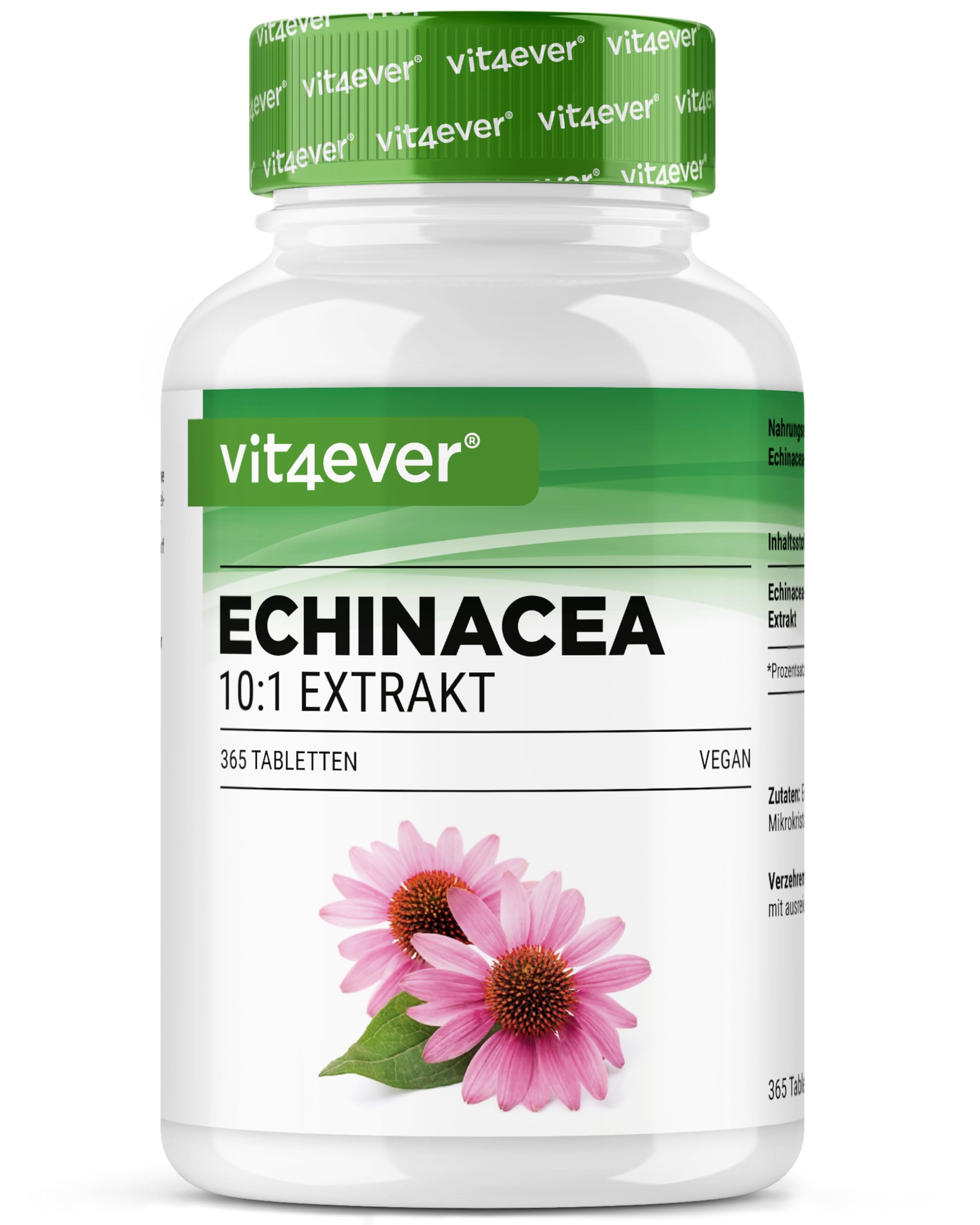 Échinacée 500 mg - 365 comprimés végétaliens - Extrait naturel d'échinacée 10:1 - Hautement dosé - Sans additifs indésirables - Végétalien