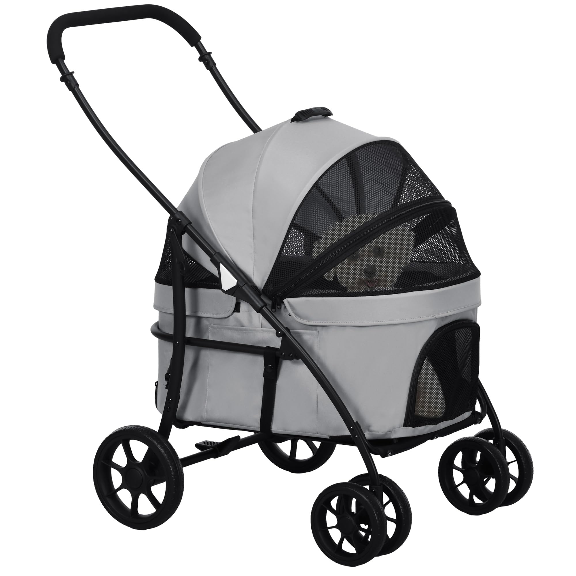 PawHut Poussette pour chien et chat 2 en 1 pliante chariot pour chat chiots avec nacelle amovible, coussin, laisse de sécurité, jusqu'à 10 kg, acier 81 x 68 x 98,5 cm, gris