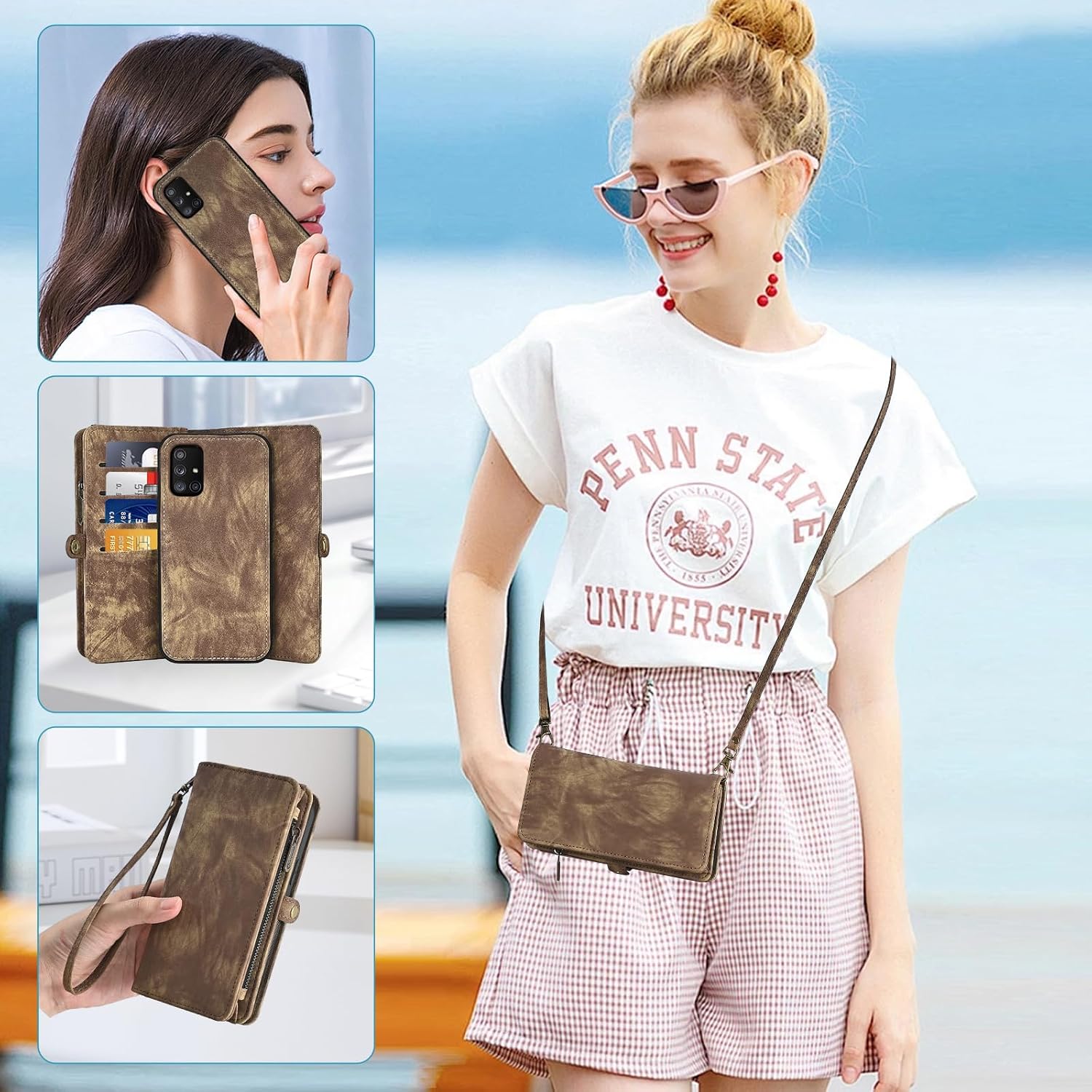 Asuwish Phone Case for Samsung Galaxy A71 5G Zipper Wallet Magnetic Detachable Cell Cover with Tempered Glass Screen Protector Crossbody Lanyard Strap Flip Card Holder Slot A 71 G5 71A S71 Women Brown