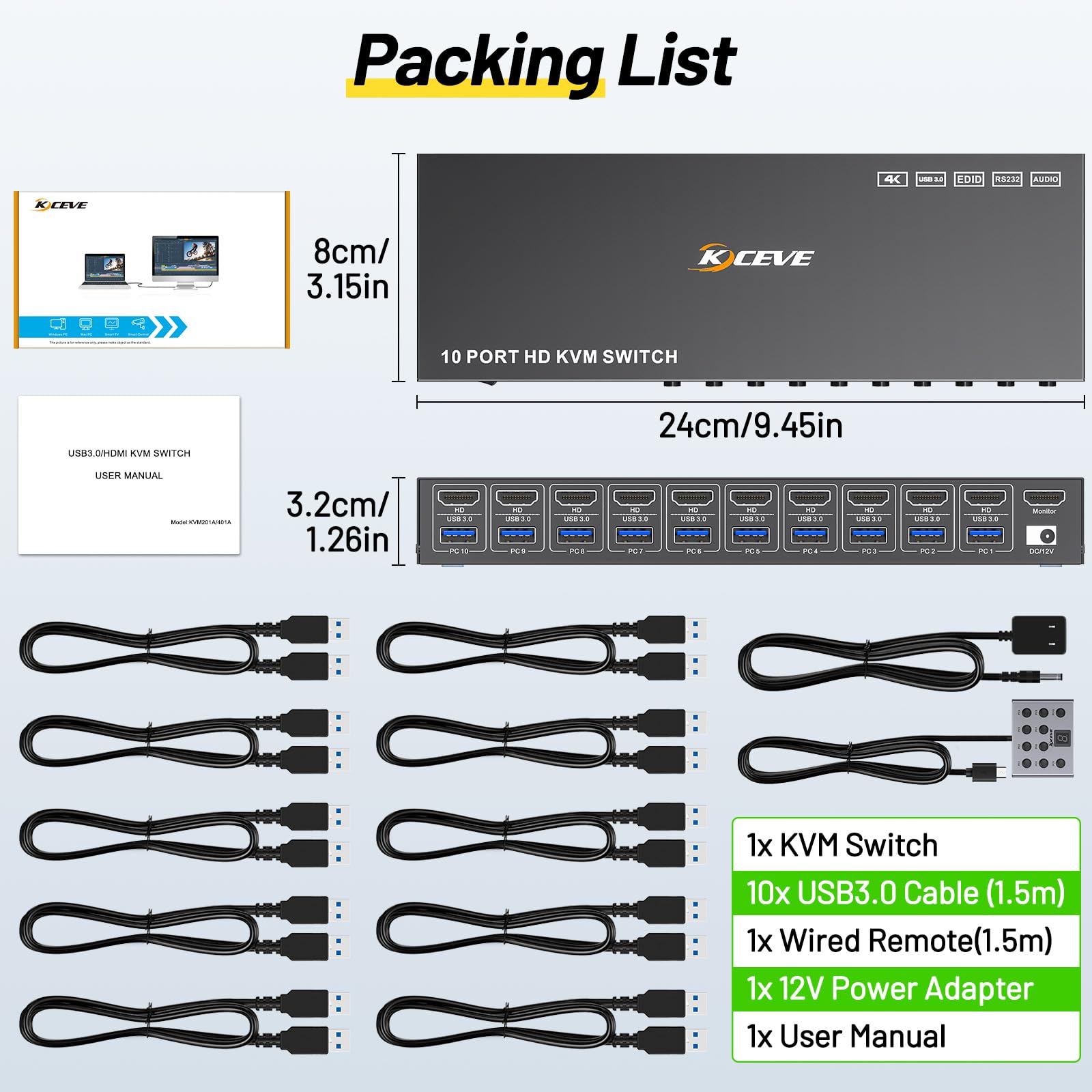 10 PC 8 PC HDMI KVM Switch 4K@60Hz EDID Analogique, 10 Port Commutateur KVM HDMI USB 3.0 pour 10 PC Partager 4 Périphériques USB et 1 Moniteur, Audio, RS232,Avec câble USB 10,Contrôleur de Bureauet