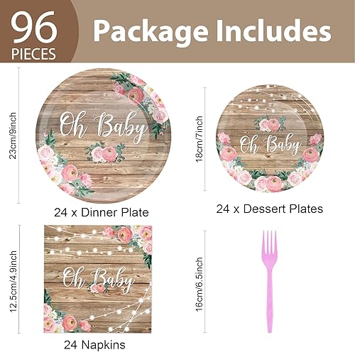 Miniatura 2 de Tevxj Juego de vajilla de madera rústica de 96 piezas para baby shower, vajilla floral Oh Baby, platos de postre desechables, platos de fiesta