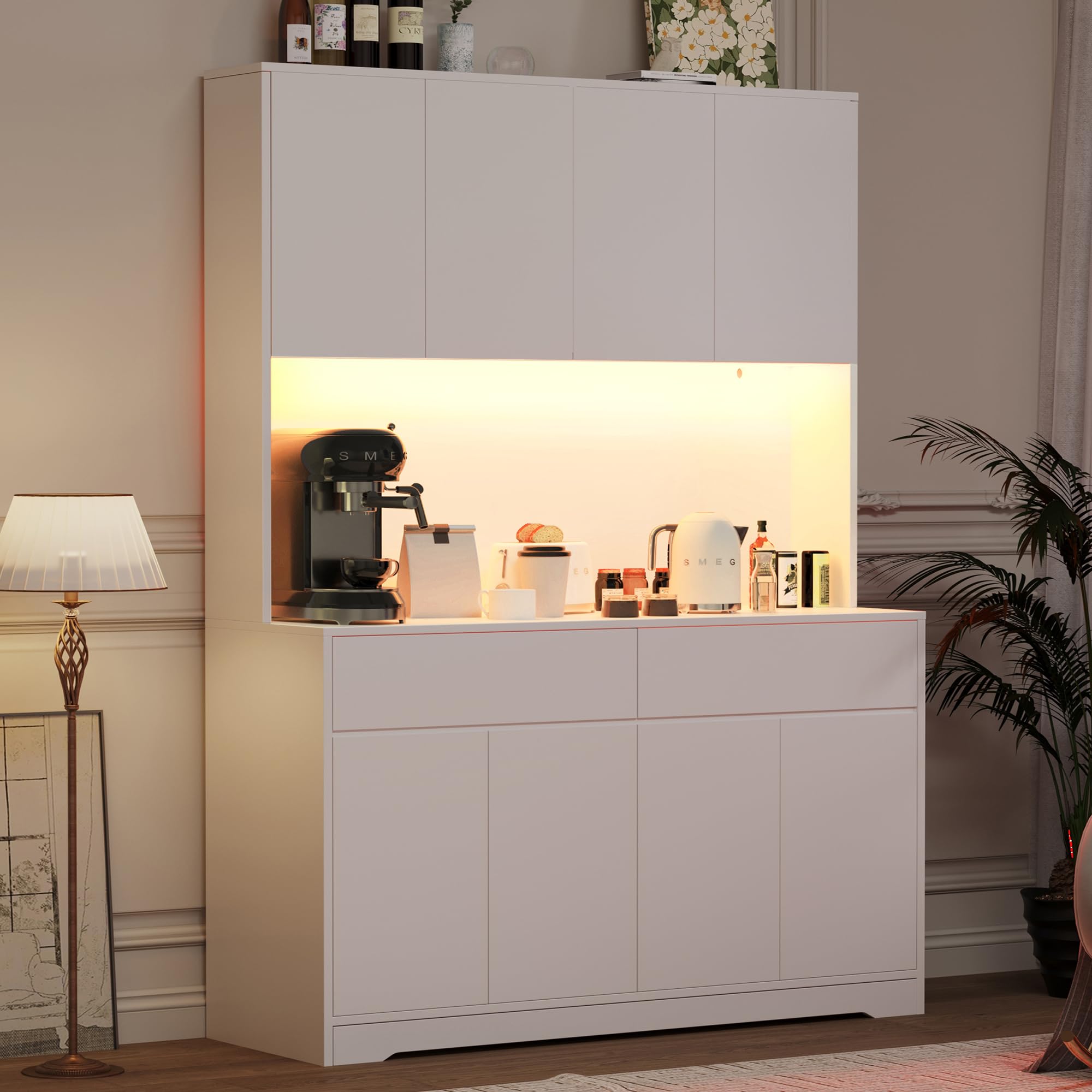 71" Tall 47" Wide Large Kitchen Pantry Storage Cabinet w/ Power Outlet,Led Light, Kitchen Hutch Pantry Cabinet w/ 2 Drawer and 8 Doors,Modern Freestanding Buffet Cabinets for Kitchens,Dining Room