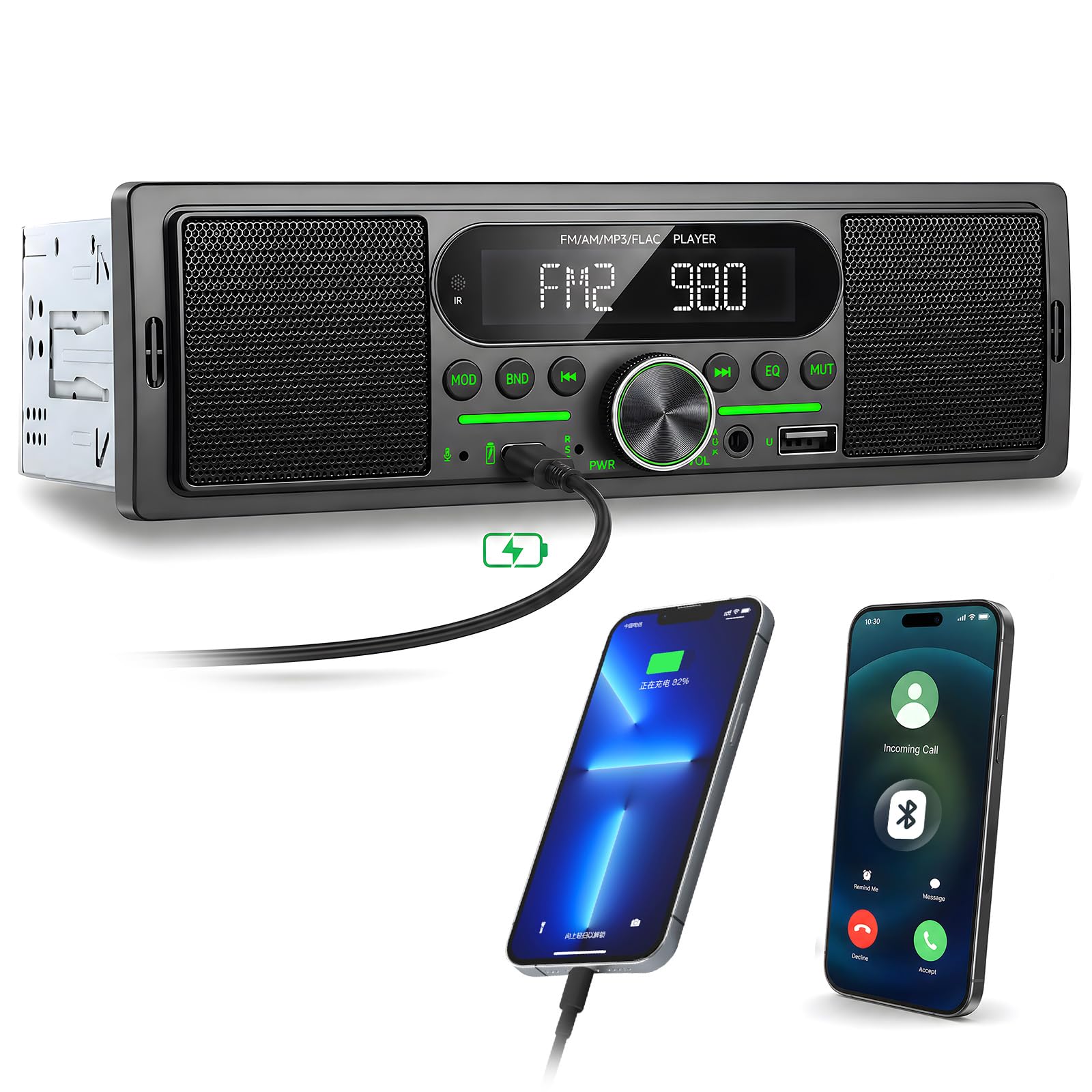 SIXTOP Autorradio 1 DIN Bluetooth Manos Libres Reproductor MP3 para Coche Radio FM/Am USB/TF/AUX Salida de Subwoofer de 60W x 4 Grabación de Audio Carga Tipo C Luces de Colores