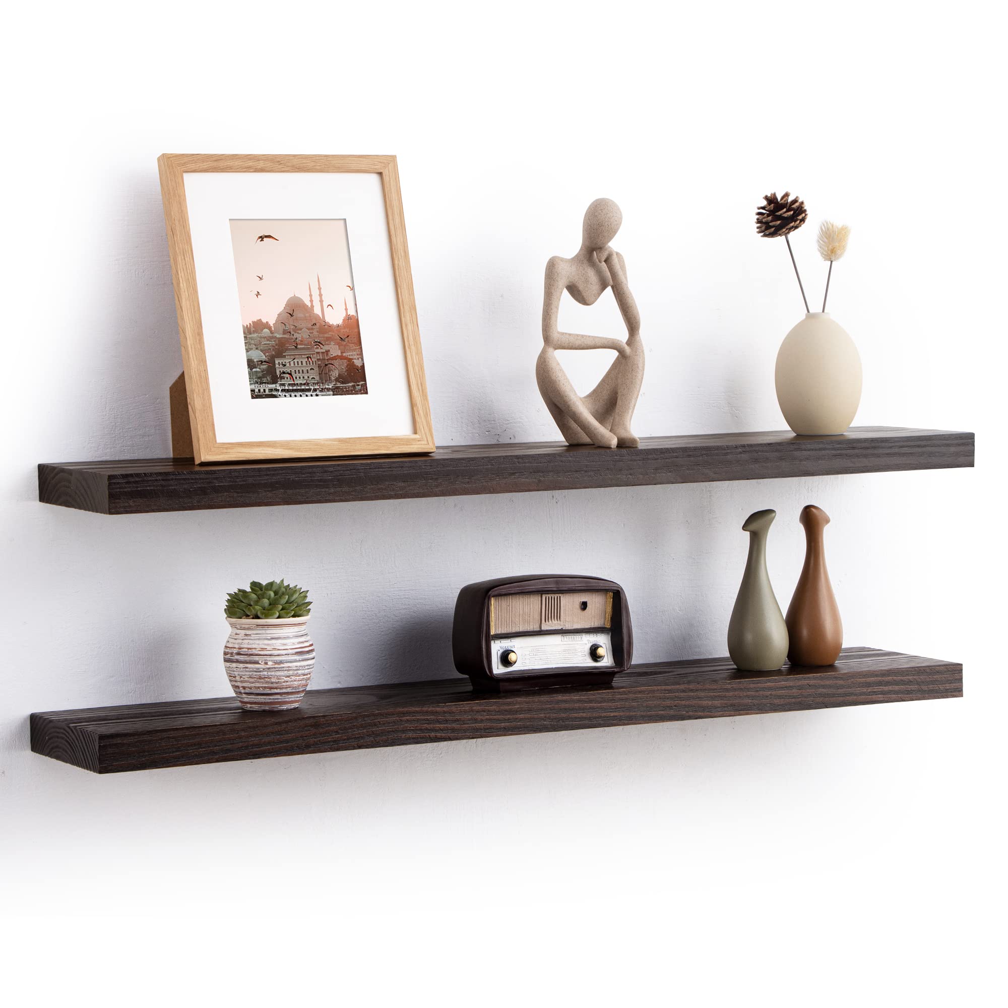 Fun Memories Solid Southern Pine Floating Shelves 36 Inches Long - Farmhouse Rustic Wall Mounted Shelves for Living Room - Heavy-Duty Metal Bracket - 36" W x 6.7" D - Set of 2 - American Walnut