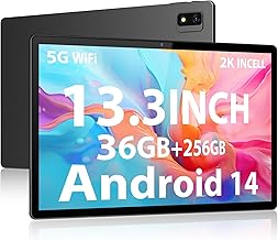 PIXPEAK 2K Tablet, 13.3 Inches, 5G WiFi Tablet, INCELL 2000 x 1200, 11580mAh/Fast Charge, 36GB RAM, 256GB ROM (2TB Expandable), Android 14.0 Octa-Core 2.0GHz, 13MP+8MP, Tablets with GPS/Bluet-Black