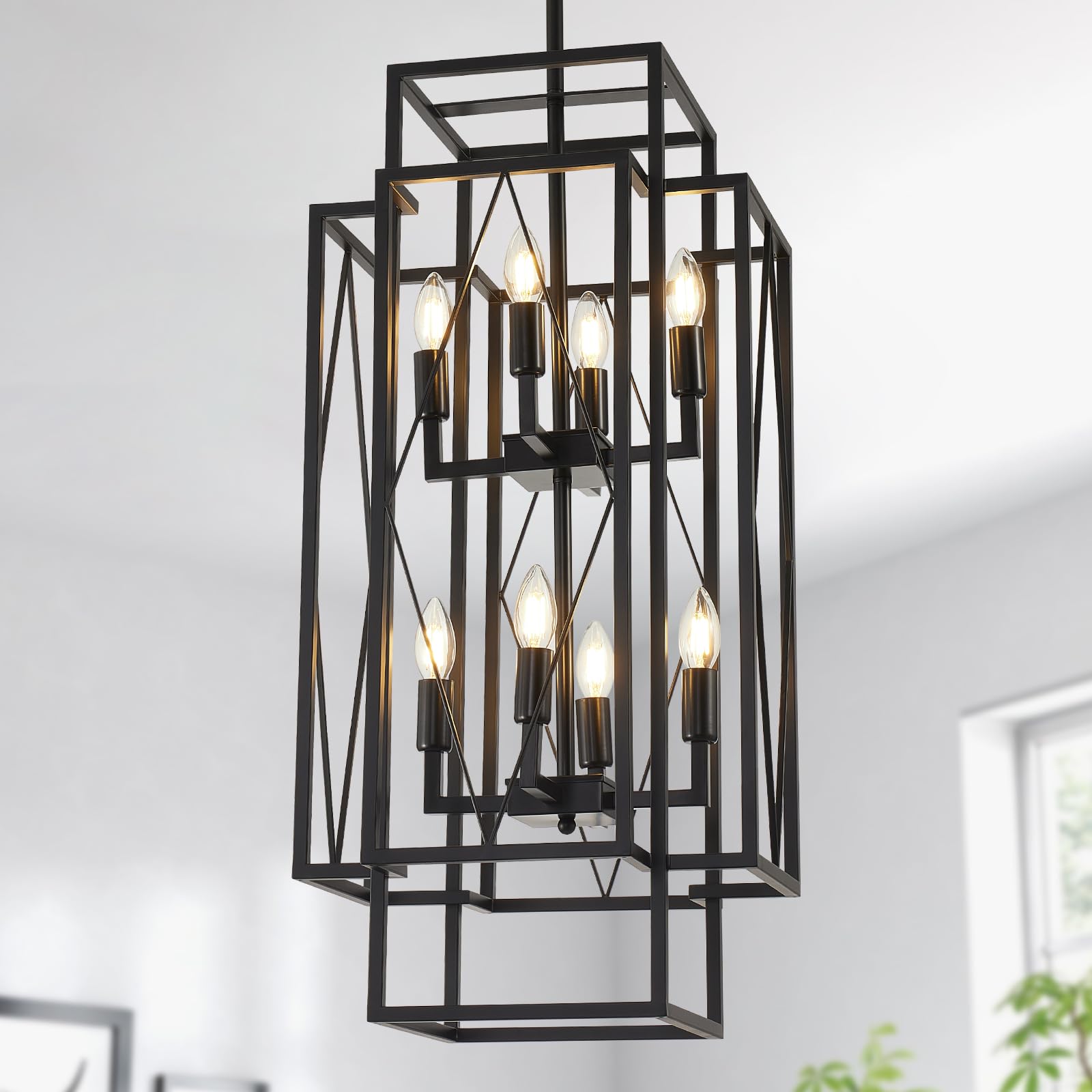 Black Farmhouse Chandelier,8-Light Lantern Tiered Pendant Light  Fixtures,Rustic Industrial Foyer Lighting Fixtures,Large Staircase  Chandeliers