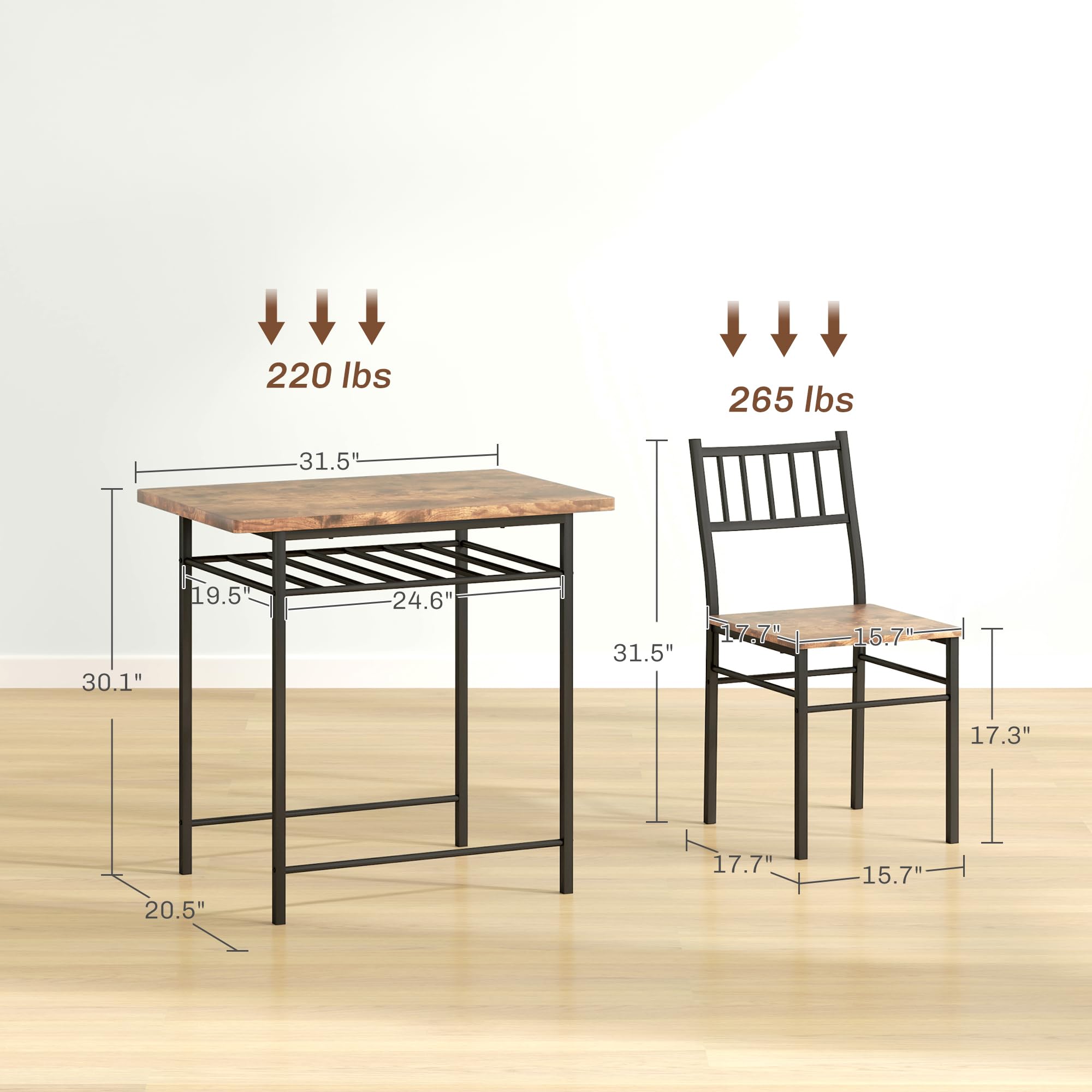 Juego de mesa de comedor de 3 piezas para 2, mesa de cocina pequeña y sillas con estante de almacenamiento integrado y marco de acero, para rincón de desayuno y espacio pequeño, marrón rústico 7