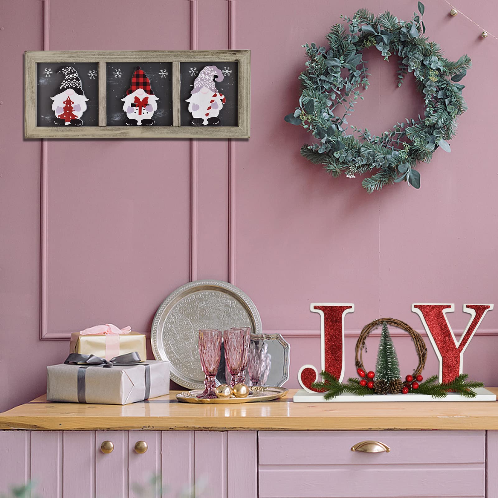 Letrero de madera de Navidad para decoración del hogar, decoración decorativa de madera con palabras de alegría, decoración rústica independiente del hogar, 40 x 19 cm, letrero de letras de bloque de