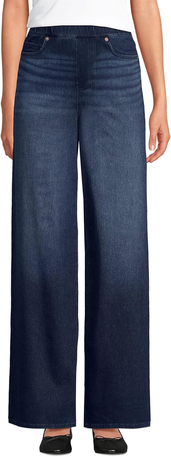 Lands' End Women's Starfish Denim High Rise Wide Leg Jeans Medium Dark Indigo Blue Wash