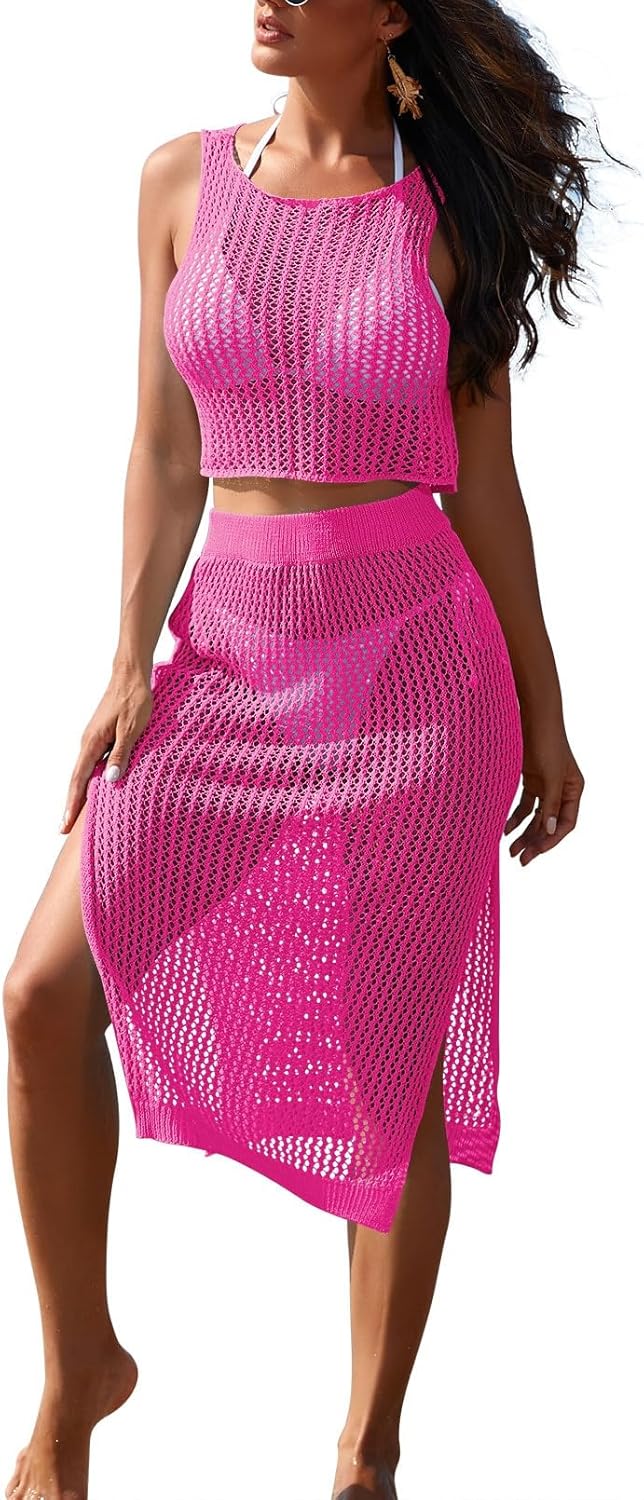 HUUSA Women's 2 Piece Crochet Swimsuit Coverups Hollow Out Bikini Bathing Suit Cover Up Swimwear Mesh Beach Slit Skirt Set