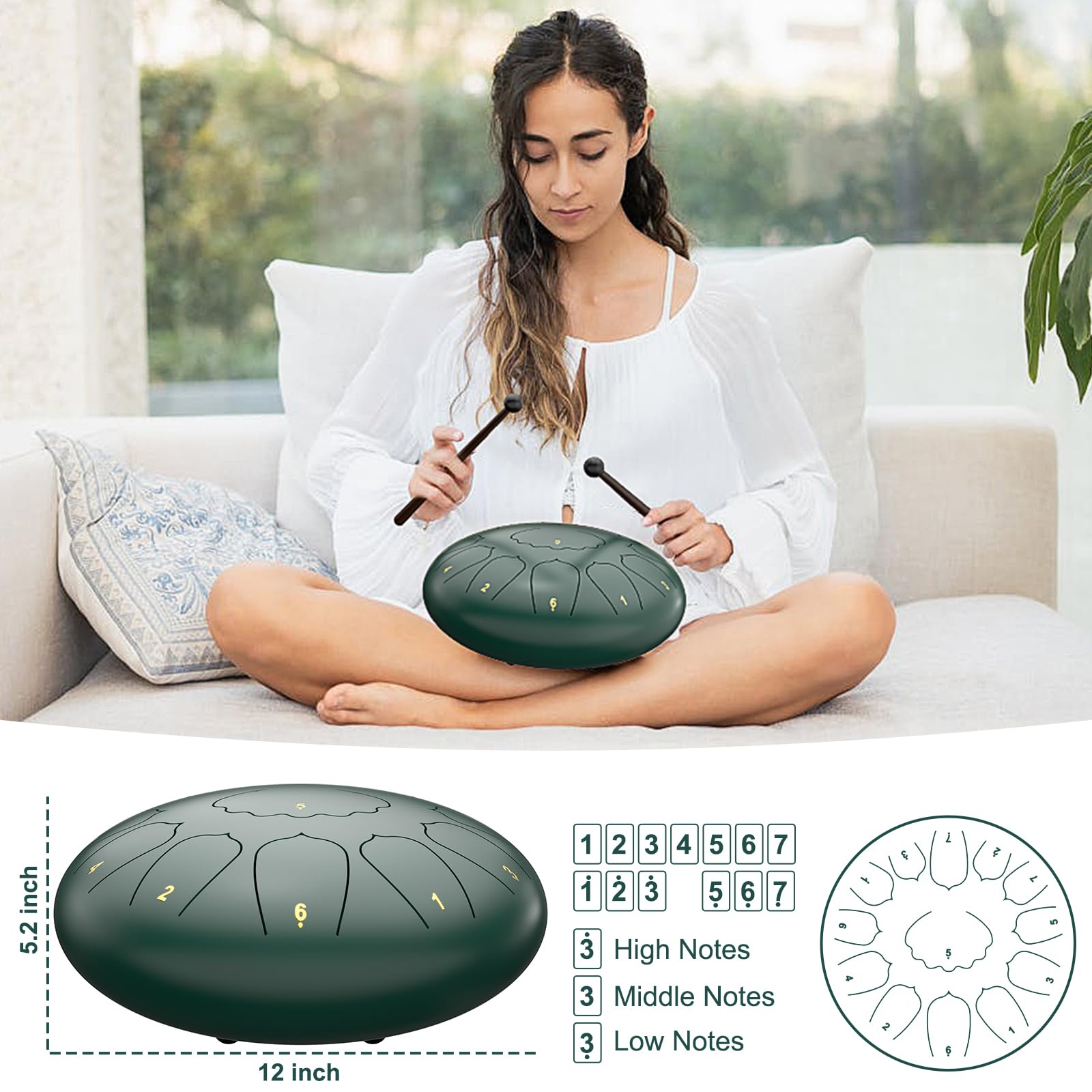 D Major Steel Tongue Drum Handpan, 12 Inch 13 Note Large Rain Drum for Outside Garden, Meditation Rain Chime, Musical Percussion Instrument for Adult Gift with Bag, Music Book, Drum Mallets (Green) 3