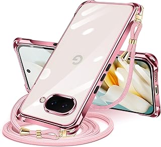 Google Pixel 9a 用 ケース クリア ショルダー pixel9a 用 スマホケース ピクセル 9A カバー 肩掛け 斜めかけ 縄掛けケース 耐衝撃 透明 薄型 軽量 TPU 紐付き 斜めがけ 織りストラップ付き ネックストラップ ショルダー 縦/横 2WAY 長さ調整可能 取り外し可能 落下防止 紛失防止 (ローズゴールド)