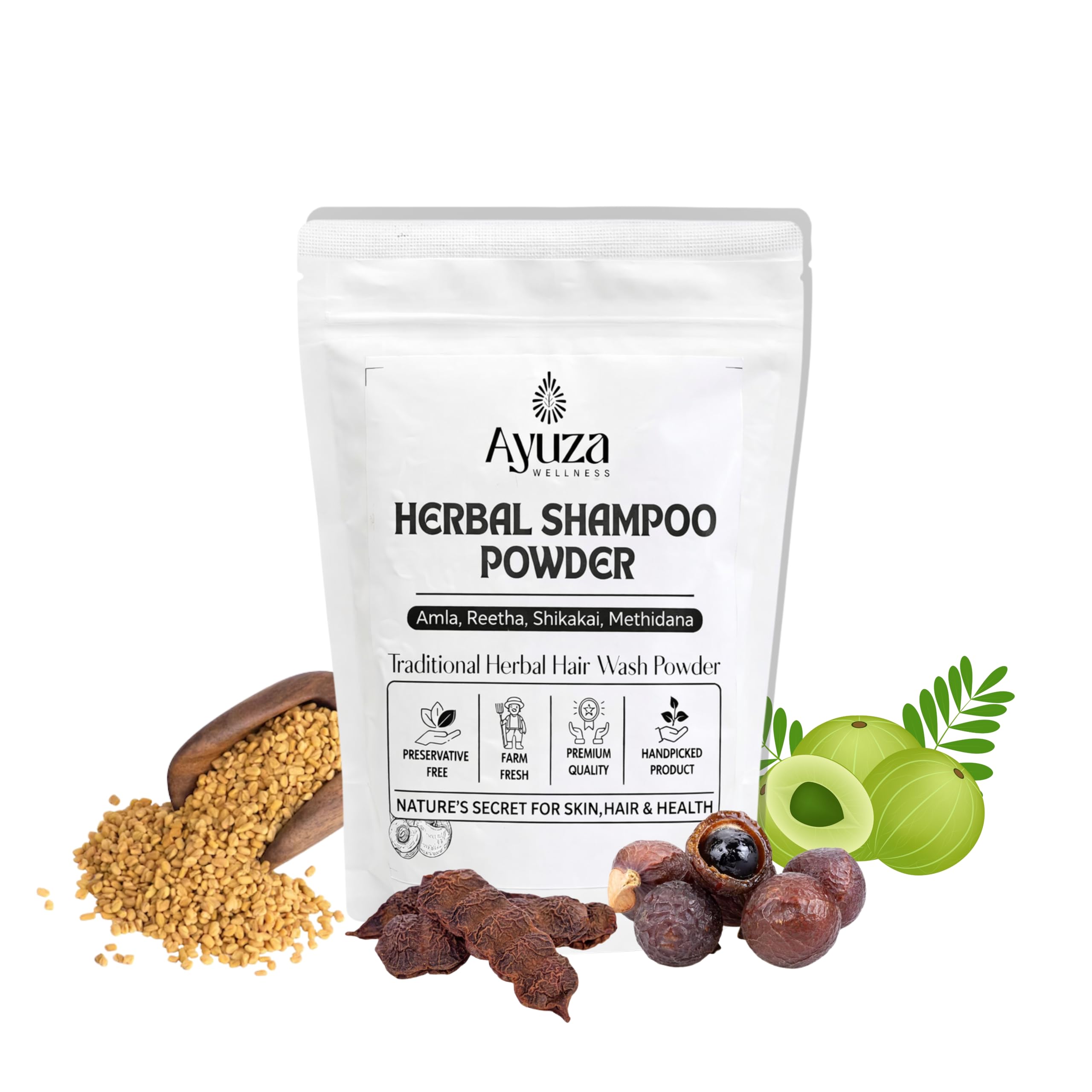 Natural Hair Shampoo With Herbal Amla Reetha Shikakai And Methi Dana Powder 100% Pure and Organic- 300gm (Pack of 1)-image-35